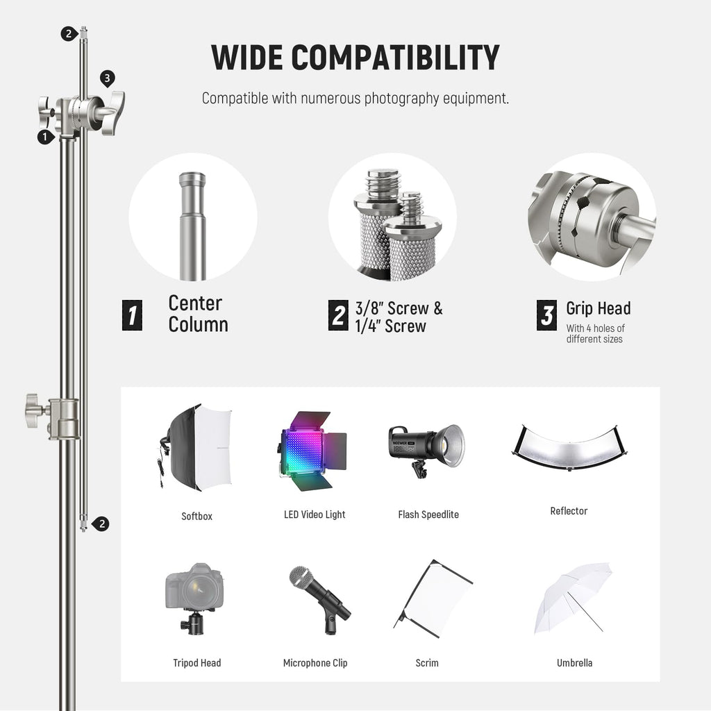 NEEWER Pro 100% Stainless Steel Heavy Duty C Stand with Boom Arm, Max Height 68"/172cm Photography Light Stand with 2.7ft/83cm Holding Arm, 2 Grip Head for Studio Monolight, Softbox, Reflector, SC172