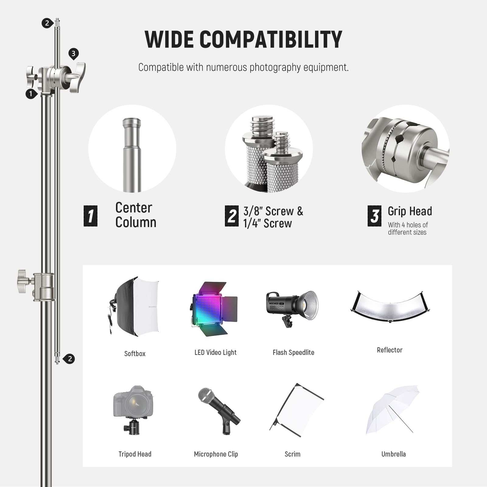 NEEWER Pro 100% Stainless Steel Heavy Duty C Stand with Boom Arm, Max Height 68"/172cm Photography Light Stand with 2.7ft/83cm Holding Arm, 2 Grip Head for Studio Monolight, Softbox, Reflector, SC172