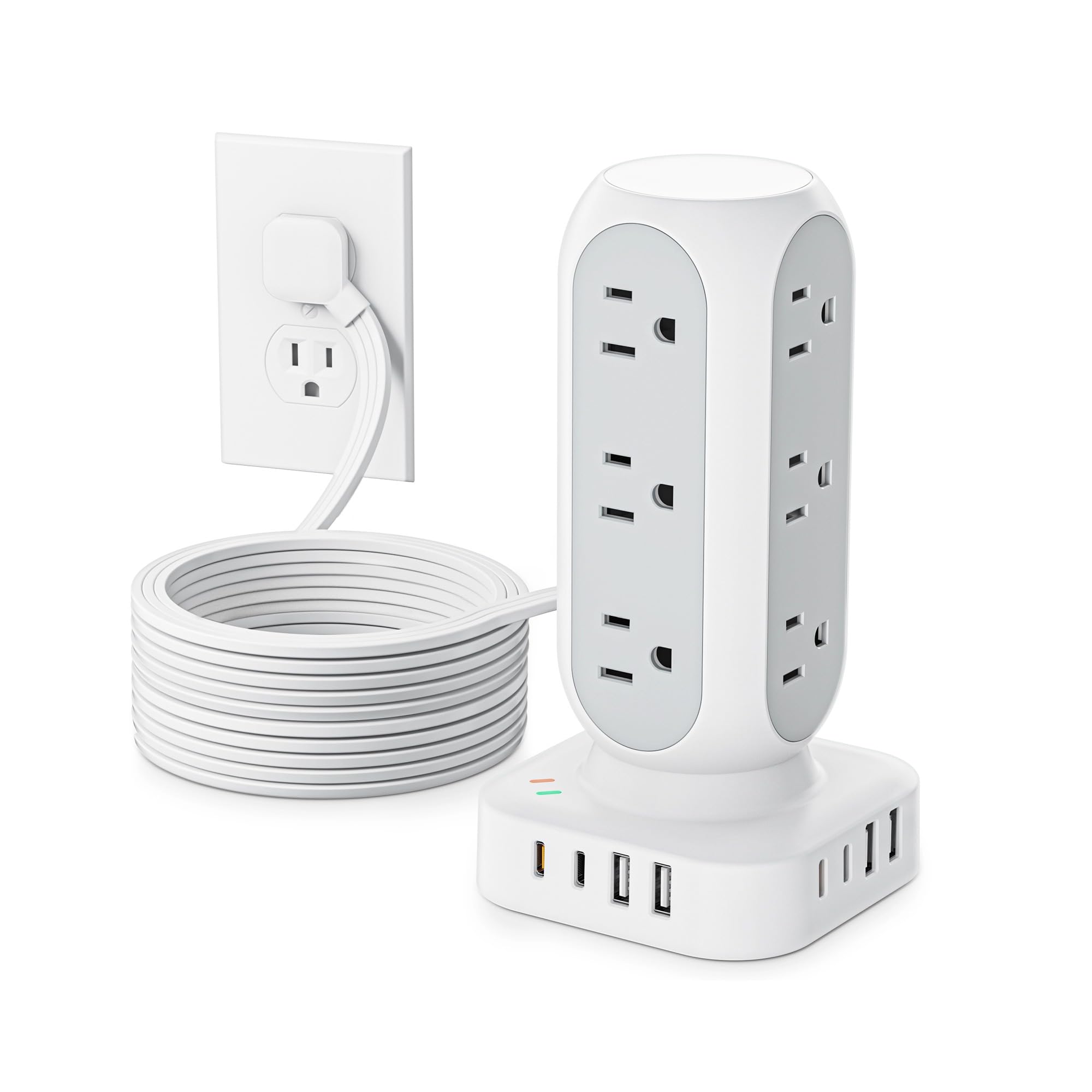 Flat Plug Power Strip Tower, TenTrend Dual PD 20W USB-C Charger Tower with 12 AC Outlets & 8 USB Ports (4 USB C), 40W Total Fast Charging Station, 10FT Extension Cord for Desk Office Dorm Room