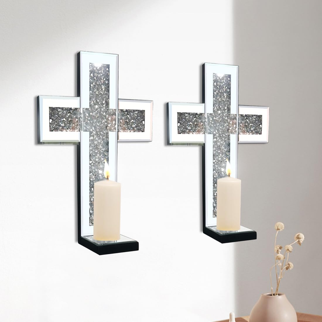 Aeveco Crystal Crush Diamond Mirrored Candle Sconces, Silver Wall Candle Holder Set of 2, Wall Decorations for Living Room，Dining Room (Rectangle (Style 4))