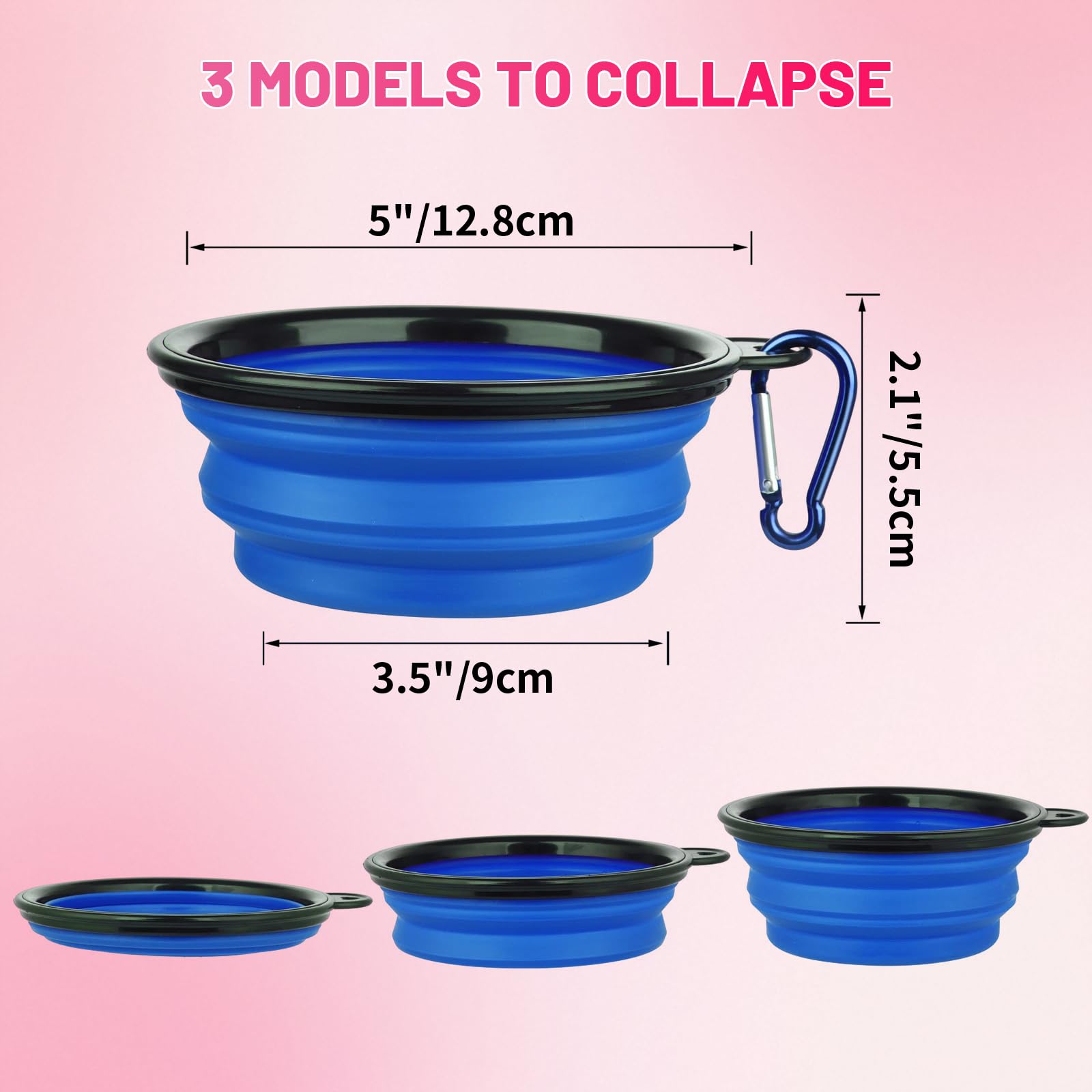 Dog Bowl Pet Collapsible Bowls, 2 Pack Collapsible Dog Water Bowls for Cats Dogs, Portable Pet Feeding Watering Dish for Walking Parking Traveling with 2 Carabiners (Small, Black & Pink)