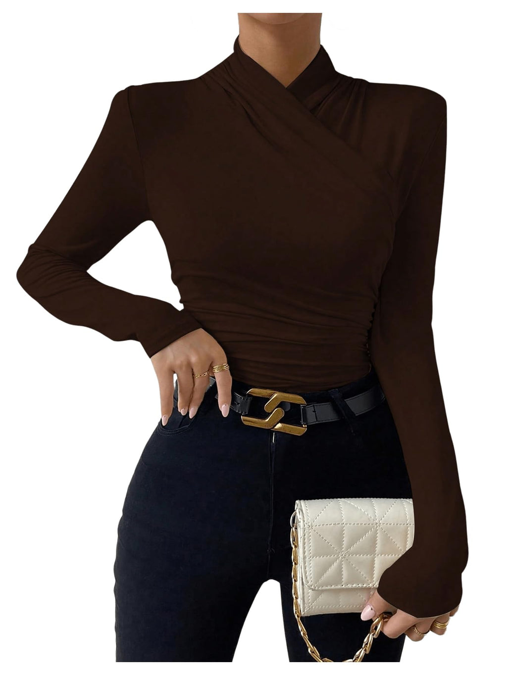 SweatyRocks Women's Ruched Mock Neck Long Sleeve T Shirt Solid Slim Fitted Tee Tops