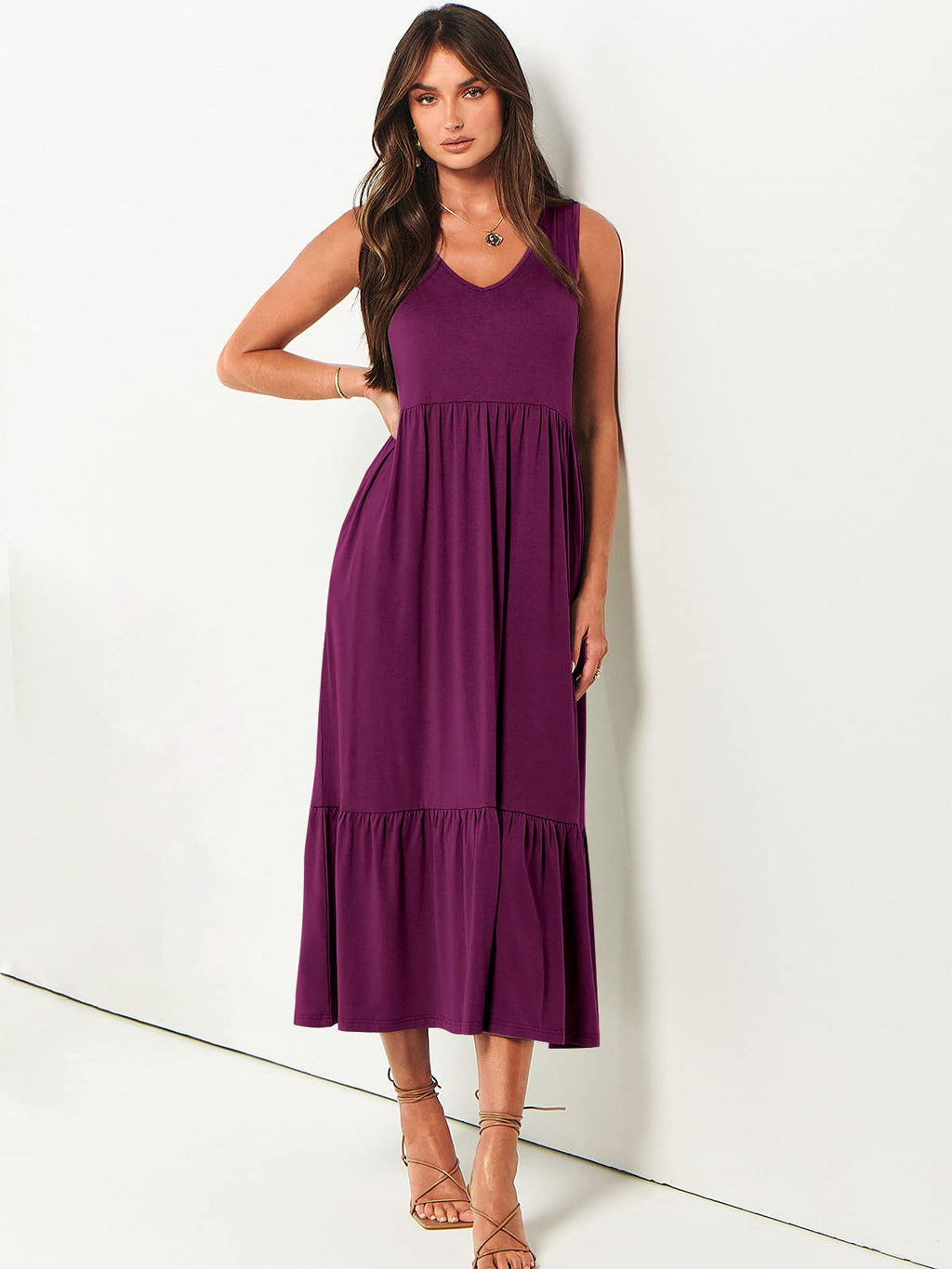ANRABESS Women Summer Maxi Dresses A-line Tiered Flowy V Neck Sleeveless Swing 2026 Casual Beach Travel Sundress with Pockets