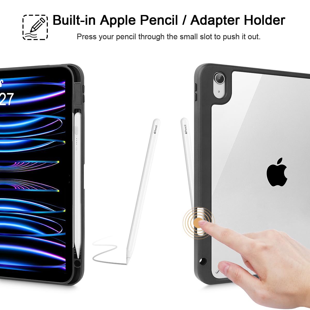 Tuiklol Case for iPad Air 11 Inch M4 2026 / Air 11 Inch M3 2025 / Air 11 Inch M2 2024 / iPad Air 10.9 Inch 2022 2020, Buit in Pencil Holder with Shockproof Cover Clear Transparent Back, Black Flower