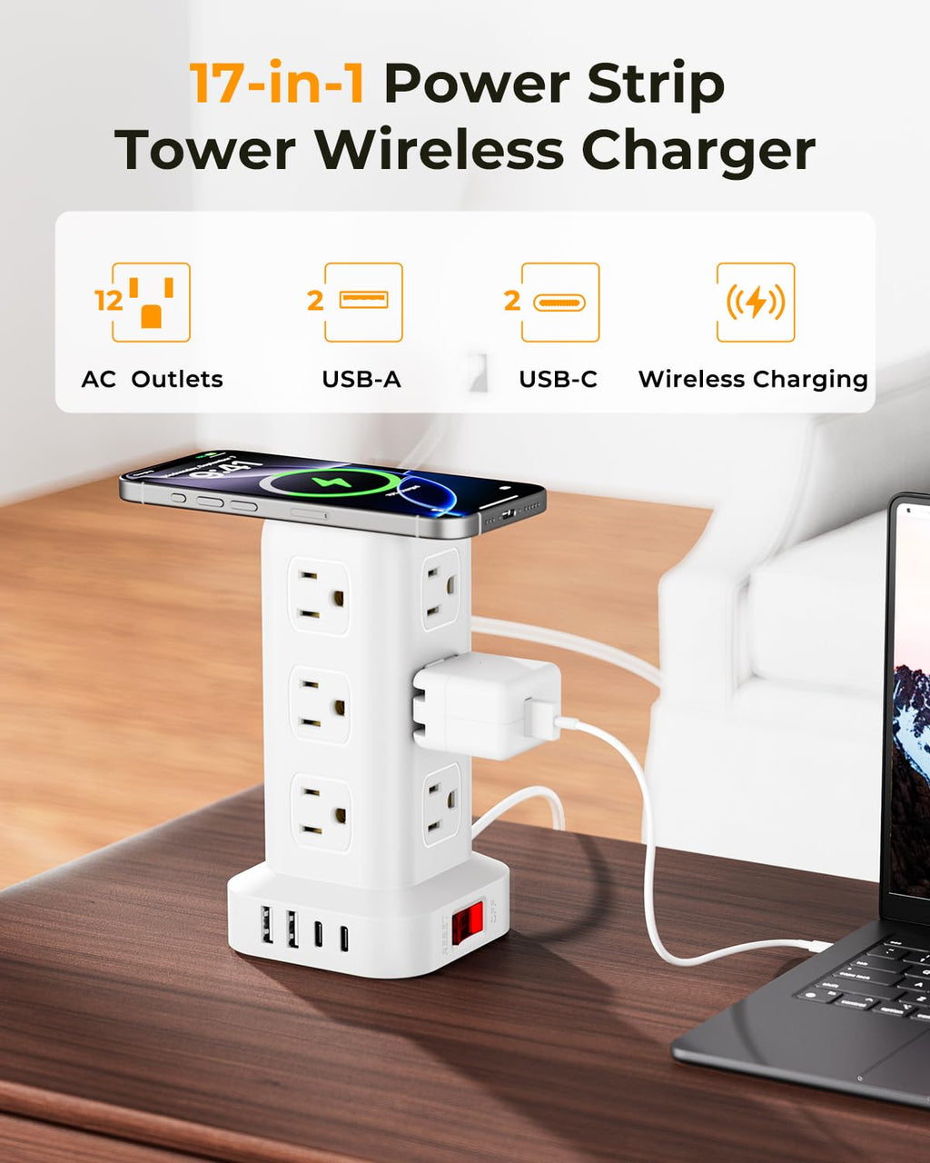 Tower Surge Protector Power Strip with 12 Outlets 4 USB (1 USB C), 6.5Feet Extension Cord with Multiple Outlets, Charging Station, Power Strip Tower, Office Desk Supplies