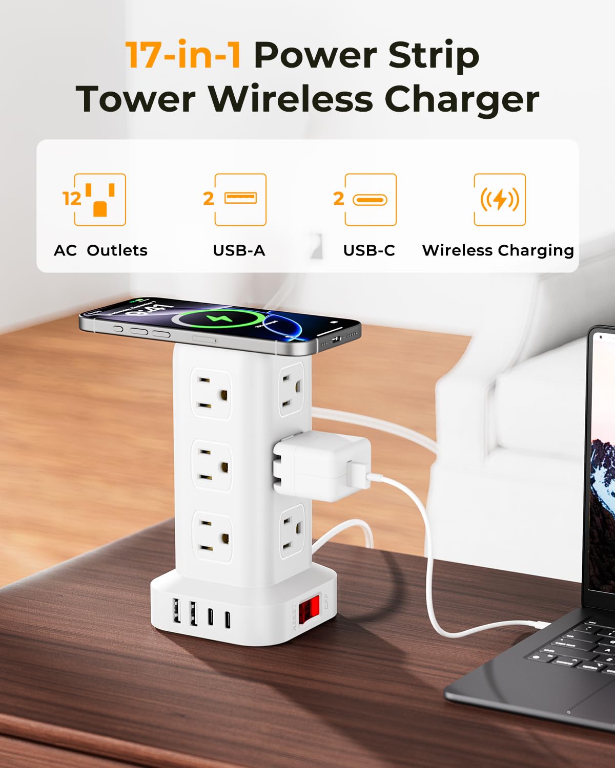Tower Surge Protector Power Strip with 12 Outlets 4 USB (1 USB C), 6.5Feet Extension Cord with Multiple Outlets, Charging Station, Power Strip Tower, Office Desk Supplies