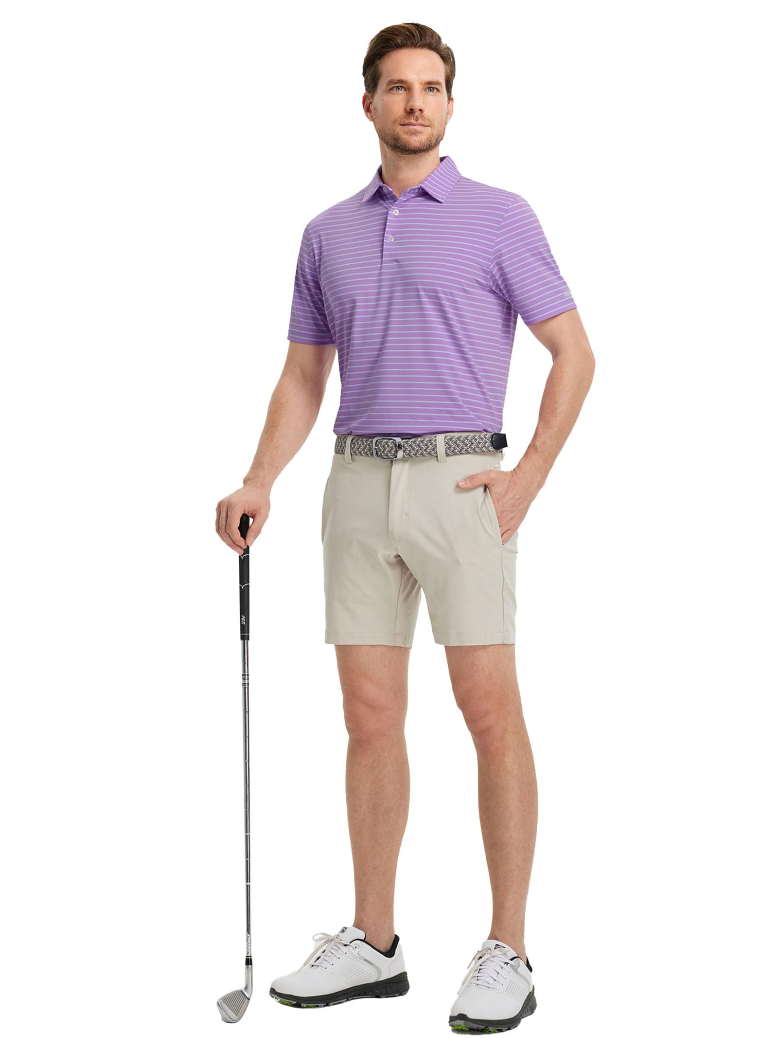 Rouen Mens Polo Shirts Short Sleeve Dry Fit Performance Moisture Wicking Causal Striped Polo Collared Golf Shirts for Men