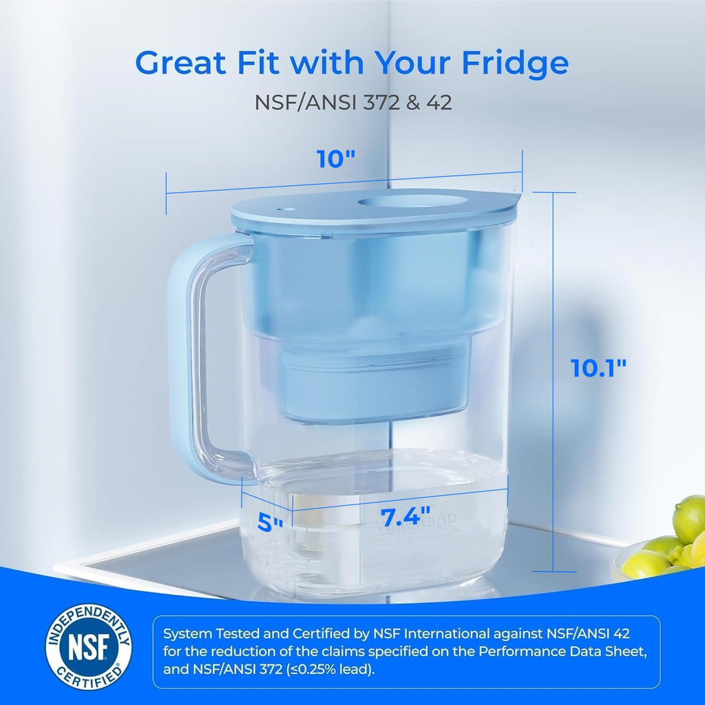Waterdrop PT-07B Water Filter Pitcher, 10-Cup, NSF Certified Water Filter Pitcher, 200-Gallon Long-Life Filter, Reduces PFOA/PFOS and Chlorine, 5X Longer Filter Life, Blue