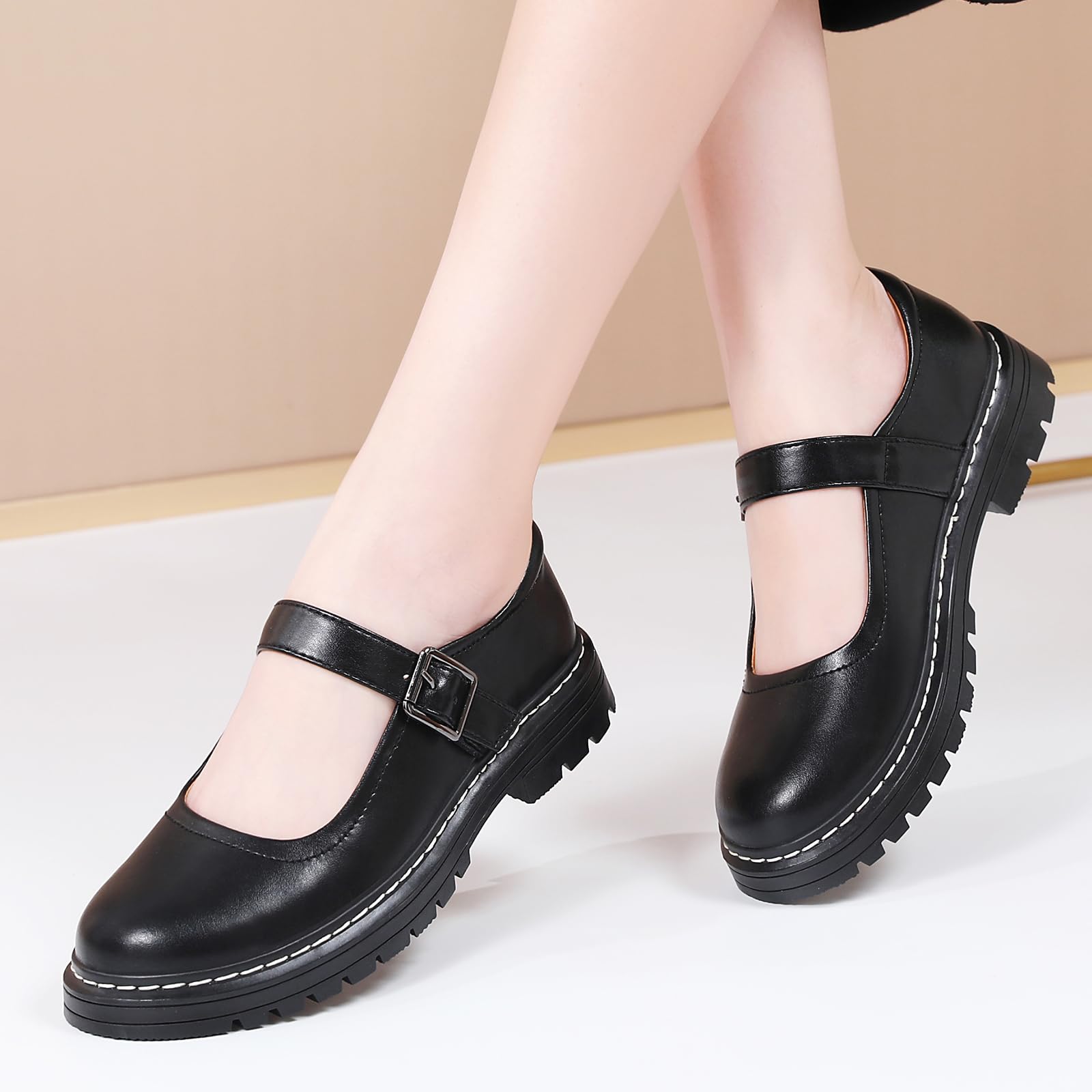Mary Jane Shoes Women Platform Non-Slip Classics Round Toe Ankle Strap Comfort Casual Oxford Dress Work Mary Jane Flat Shoes