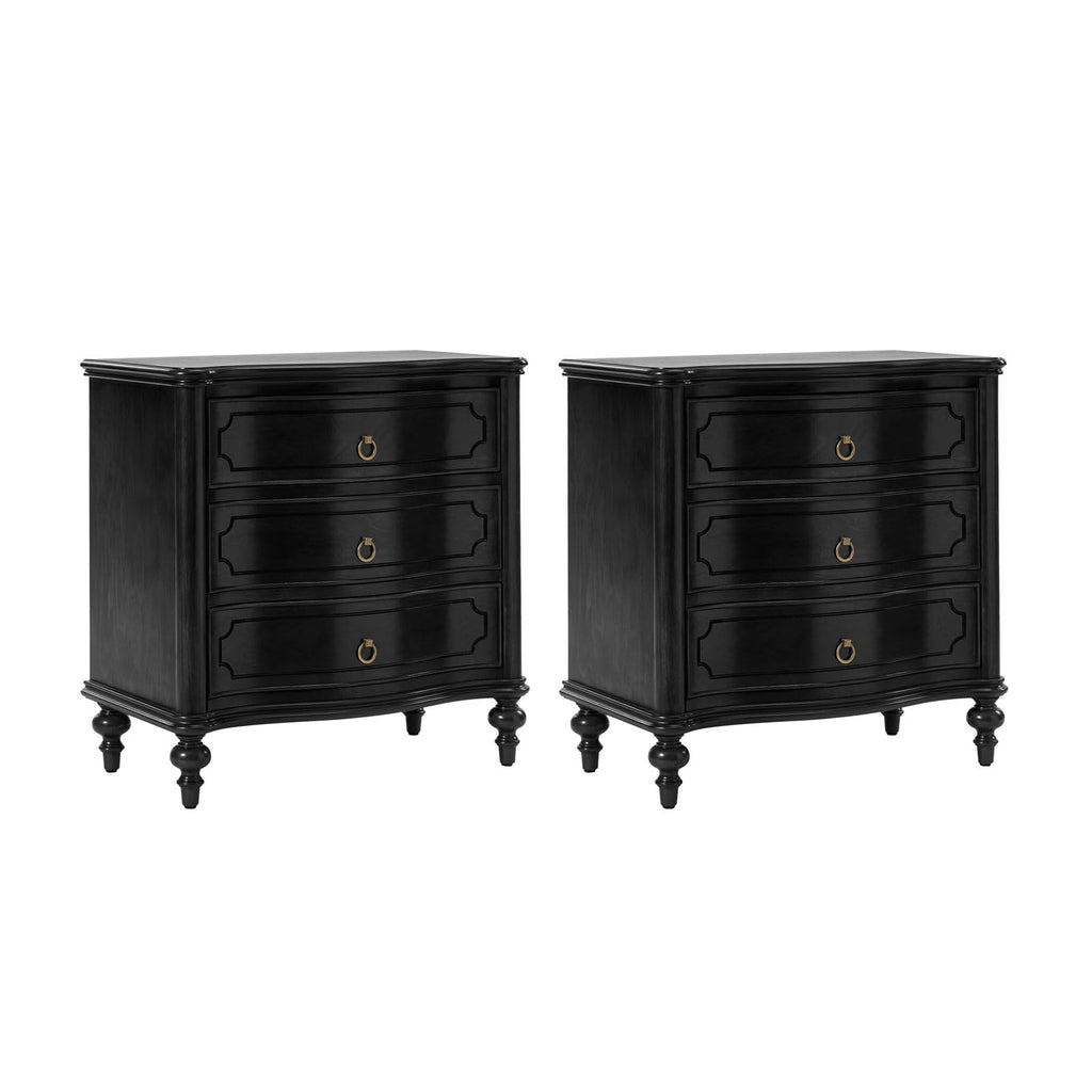 HULALA HOME Traditional Side Table with 3 Drawers, Tall Side Table with Curved Front Profle Desgin, Charging Station, Solid Wood Legs, Black