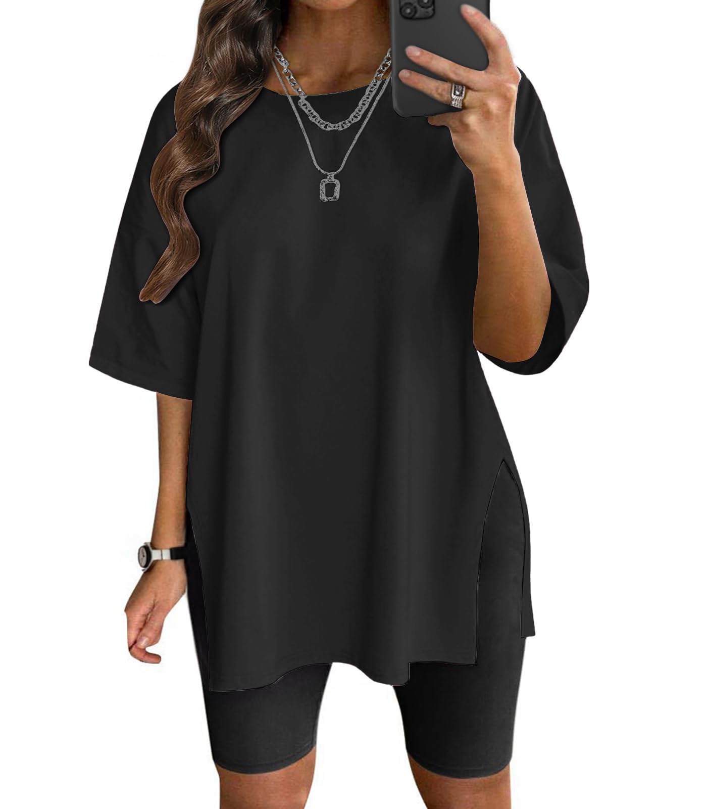 VNIRA Plus Size T Shirt for Women Oversized Cotton Short Sleeve Workout Top Loose Fit Side Split Casual Basic Tunic Top