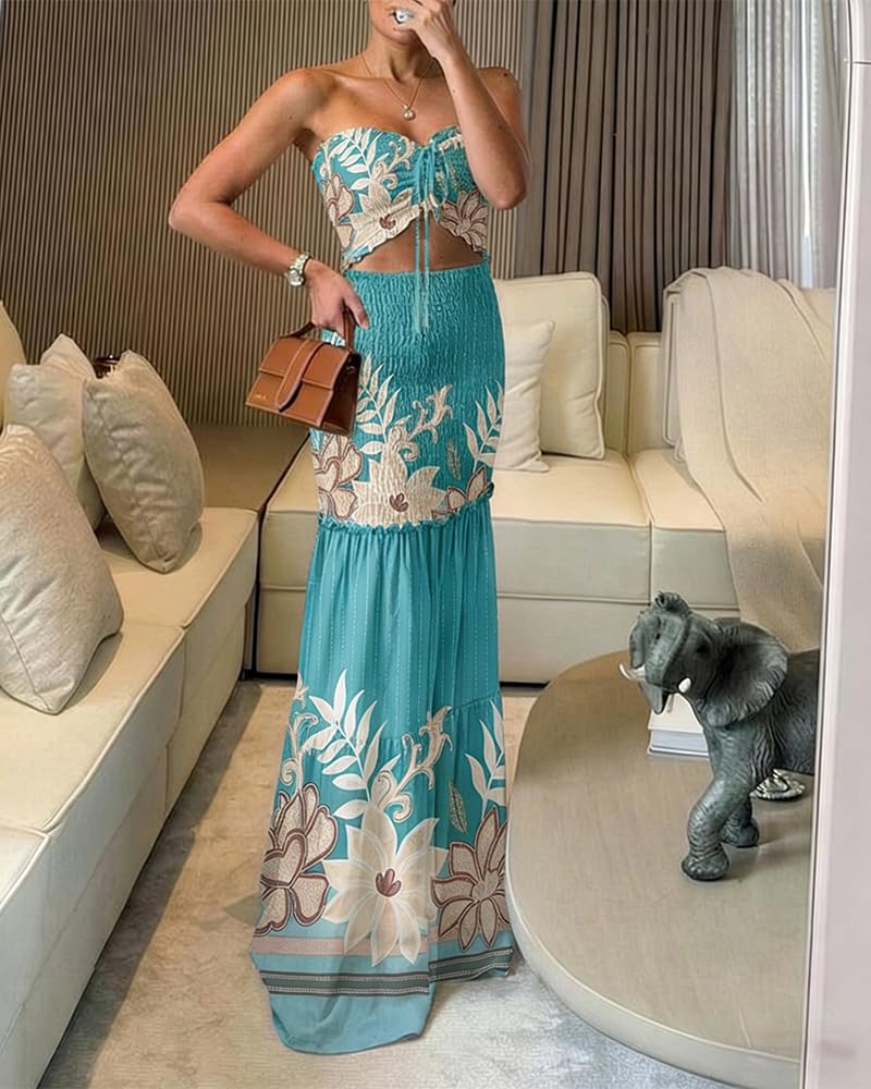 CHICME Floral Printed Vacation Dress Halter Tie Ruched Shirred Bandeau Party Dress Slim Ruffle Hem Wedding Guest Dress