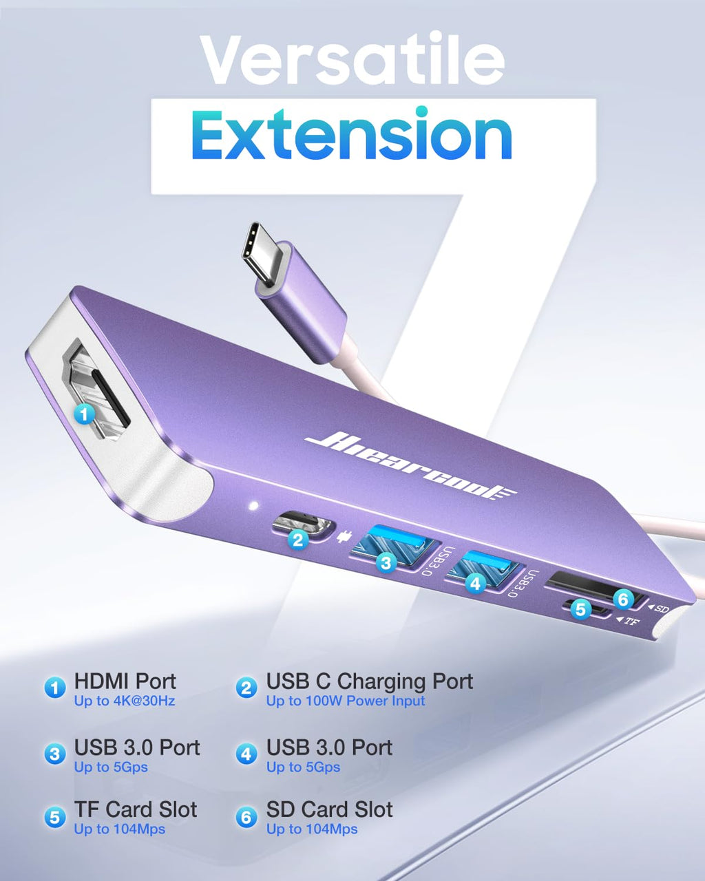 Hiearcool USB C Hub Multi-Port Adapter, 7-in-1 USB-C Dongle with 4K HDMI 100W PD SD/TF Card Reader, USBC Dock Compatible for MacBook Pro/Air Dell XPS Lenovo HP and Other Windows Laptops-Sliver White
