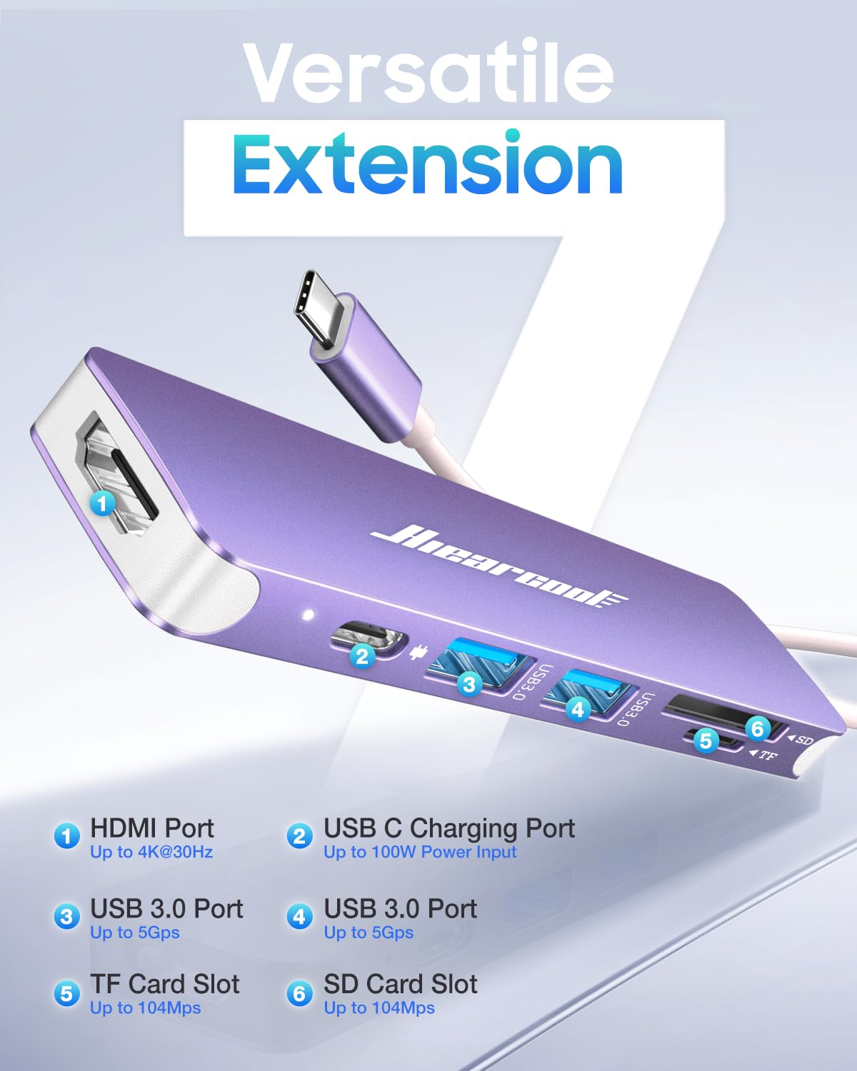 Hiearcool USB C Hub Multi-Port Adapter, 7-in-1 USB-C Dongle with 4K HDMI 100W PD SD/TF Card Reader, USBC Dock Compatible for MacBook Pro/Air Dell XPS Lenovo HP and Other Windows Laptops-Sliver White