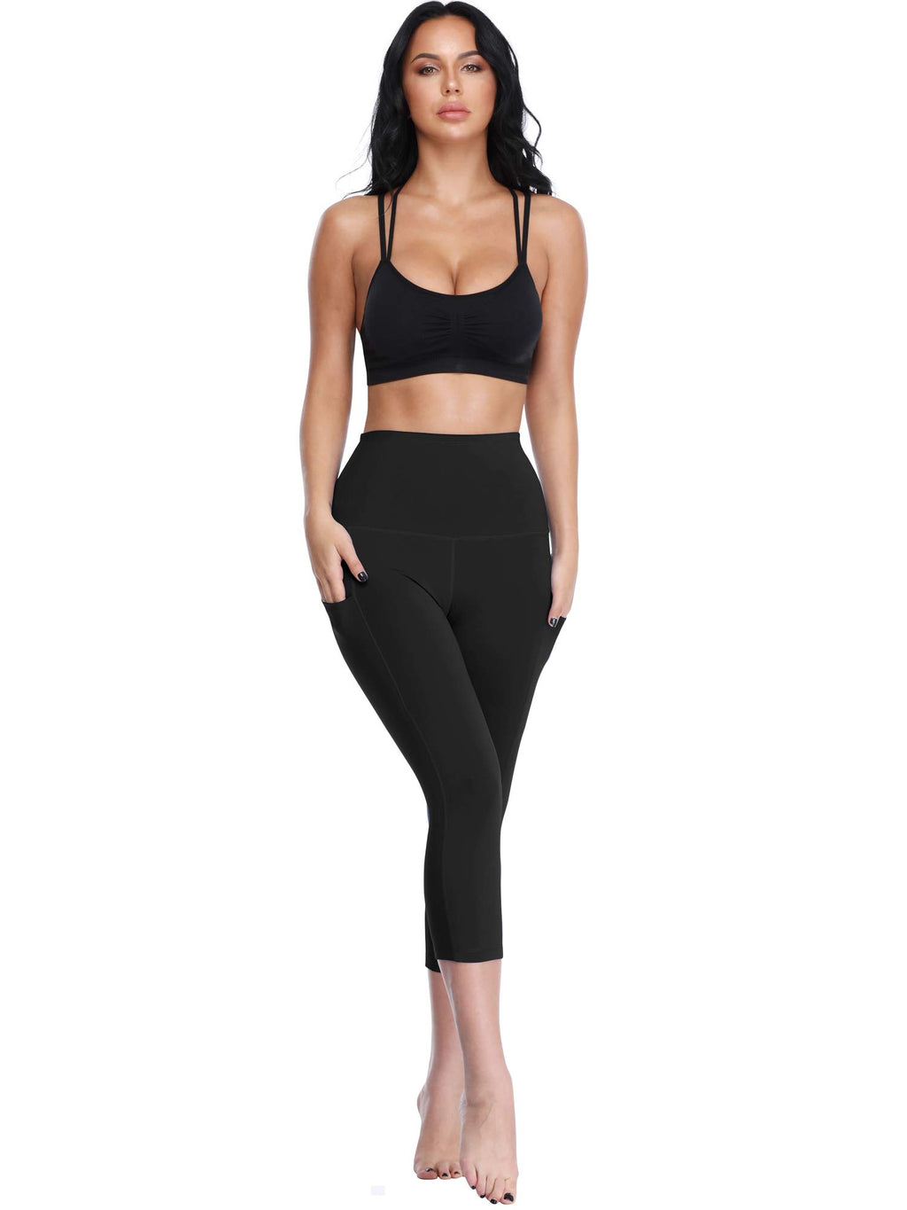 CADMUS Womens High Waist Workout Legging Capris for Yoga w Side Pockets
