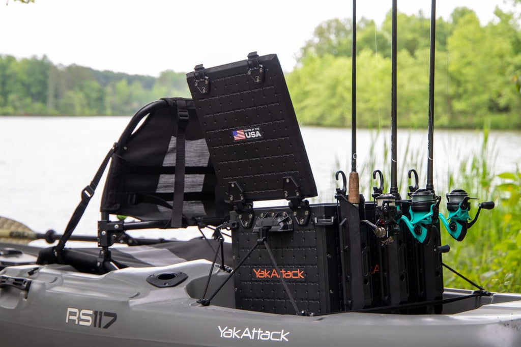 YakAttack BlackPak Pro 13" x 13" Fishing Crate with 3 Rod Holders - Battleship Grey | Compact Tackle Storage Box & Gear Organizer for Kayaks | Lightweight, Durable & Customizable Marine Accessory