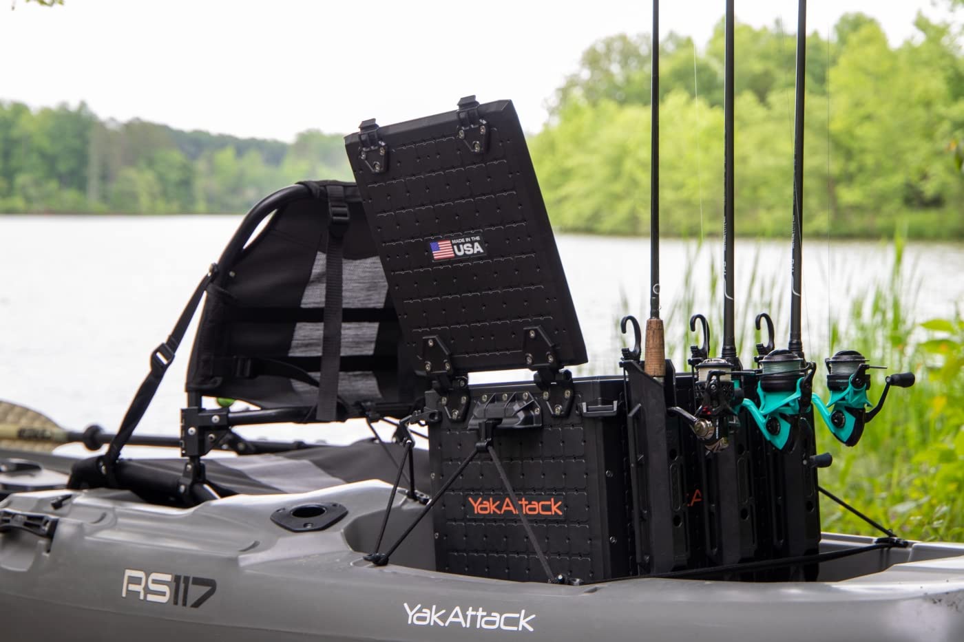 YakAttack BlackPak Pro 13" x 13" Fishing Crate with 3 Rod Holders - Battleship Grey | Compact Tackle Storage Box & Gear Organizer for Kayaks | Lightweight, Durable & Customizable Marine Accessory