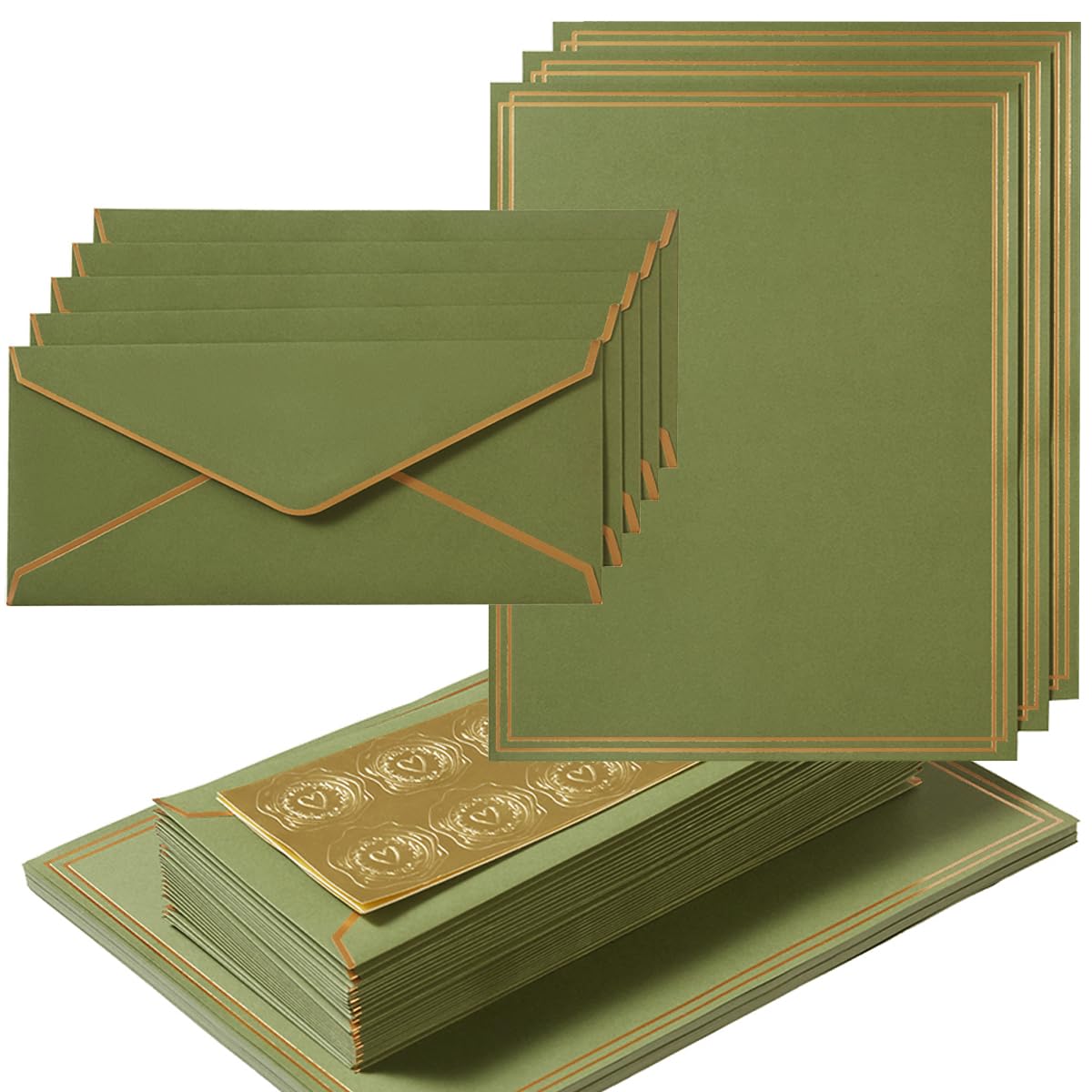 50 Pack Stationery Set with Envelopes, Cream Color, 8.5x11 Inches | Gold Border, #10 Business Envelopes and 8.5x11 Paper Sheets, Stickers for Letter Writing, Invitations