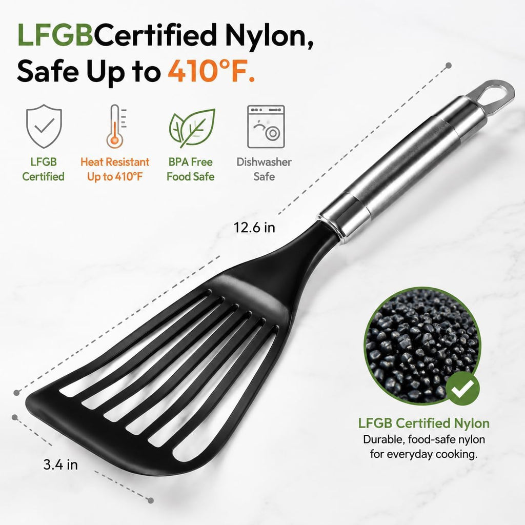 KSENDALO Thin Flexible Fish Spatula for Nonstick Cookware, Black | Egg Flipper Turner w/Hollow Steel Handle, Slotted Angled LFGB Complaint Nylon Blade, Dishwasher Safe, Silver Handle