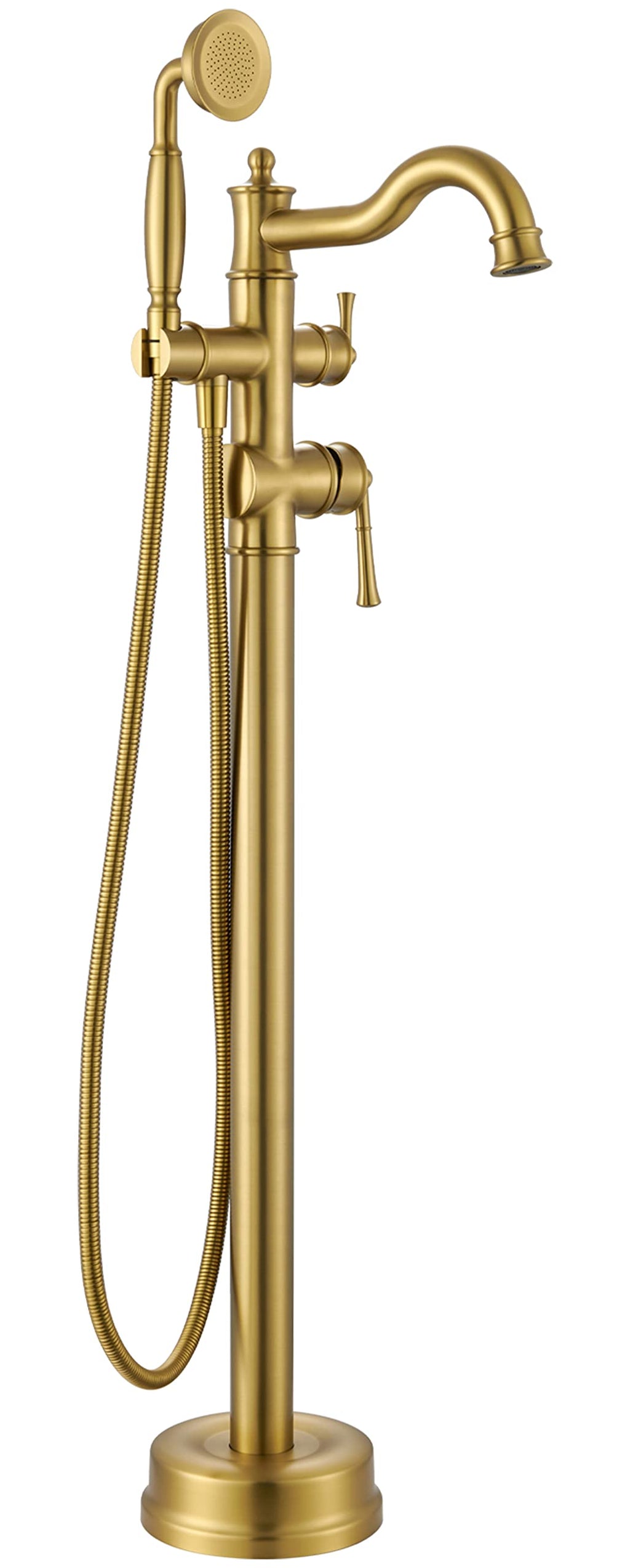 Freestanding Floor Mount Tub Filler with Handheld Shower Roman Bathtub Faucet by Brushed Gold Finish, Swivel Spout with Brass Rough-in and Water Hose