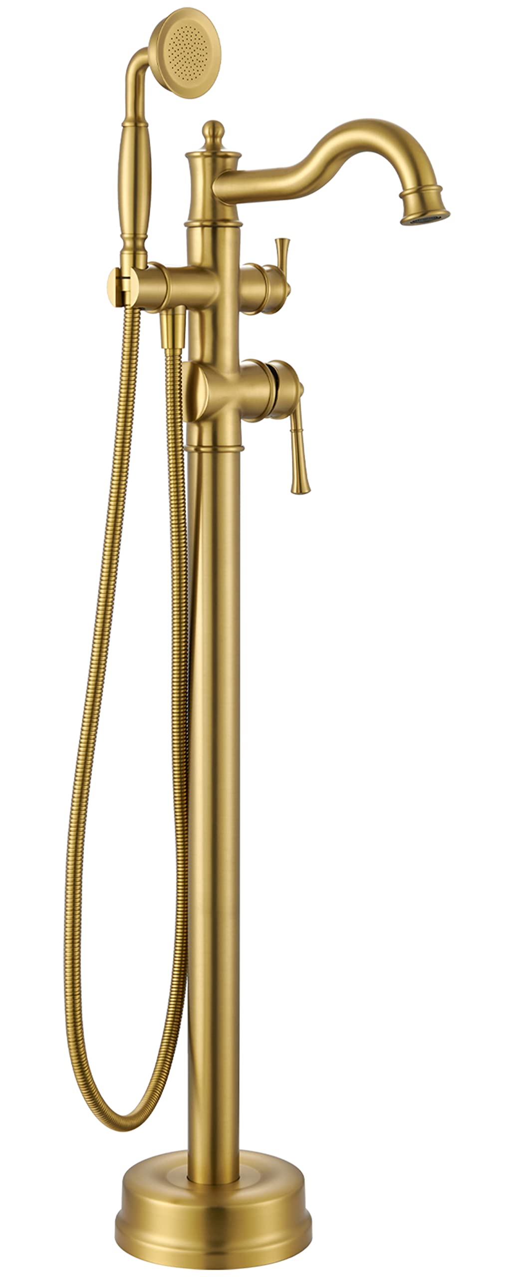 Freestanding Floor Mount Tub Filler with Handheld Shower Roman Bathtub Faucet by Brushed Gold Finish, Swivel Spout with Brass Rough-in and Water Hose