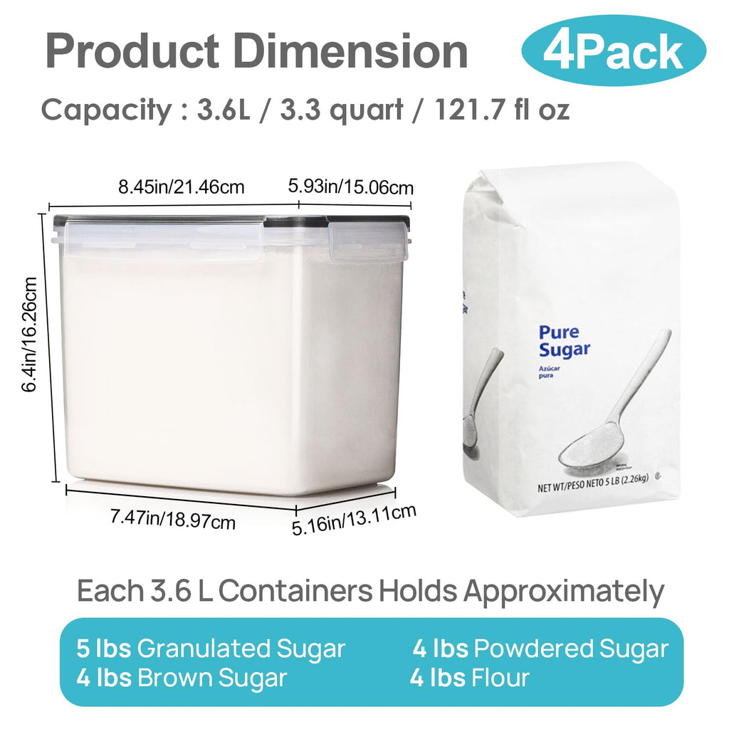 Vtopmart Food Storage Containers 2.5L / 84.5oz, 4 Pieces BPA Free Plastic Airtight Canister for Flour, Sugar, Baking Supplies, with 4 Measuring Cups and 24 Labels, Black