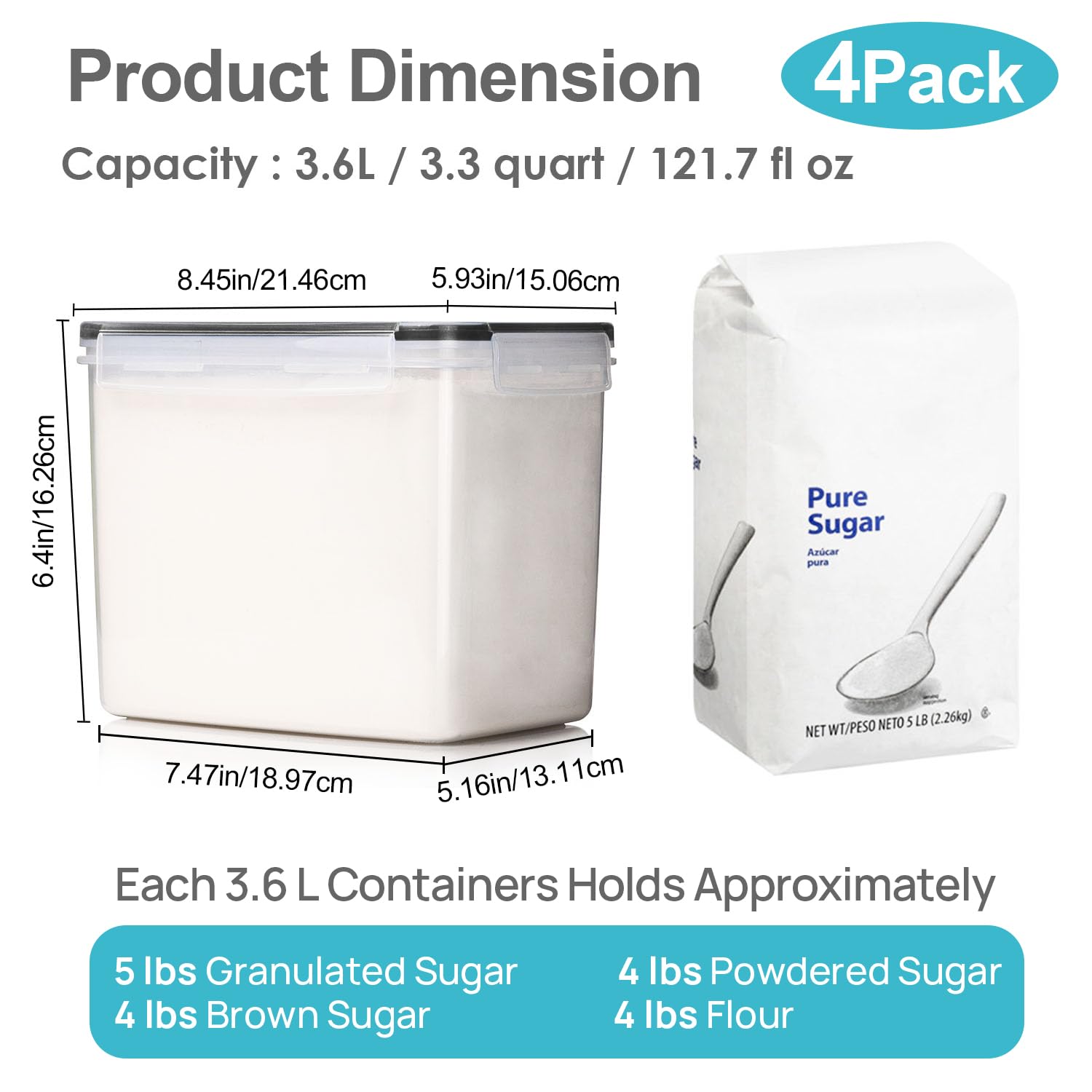 Vtopmart Food Storage Containers 2.5L / 84.5oz, 4 Pieces BPA Free Plastic Airtight Canister for Flour, Sugar, Baking Supplies, with 4 Measuring Cups and 24 Labels, Black