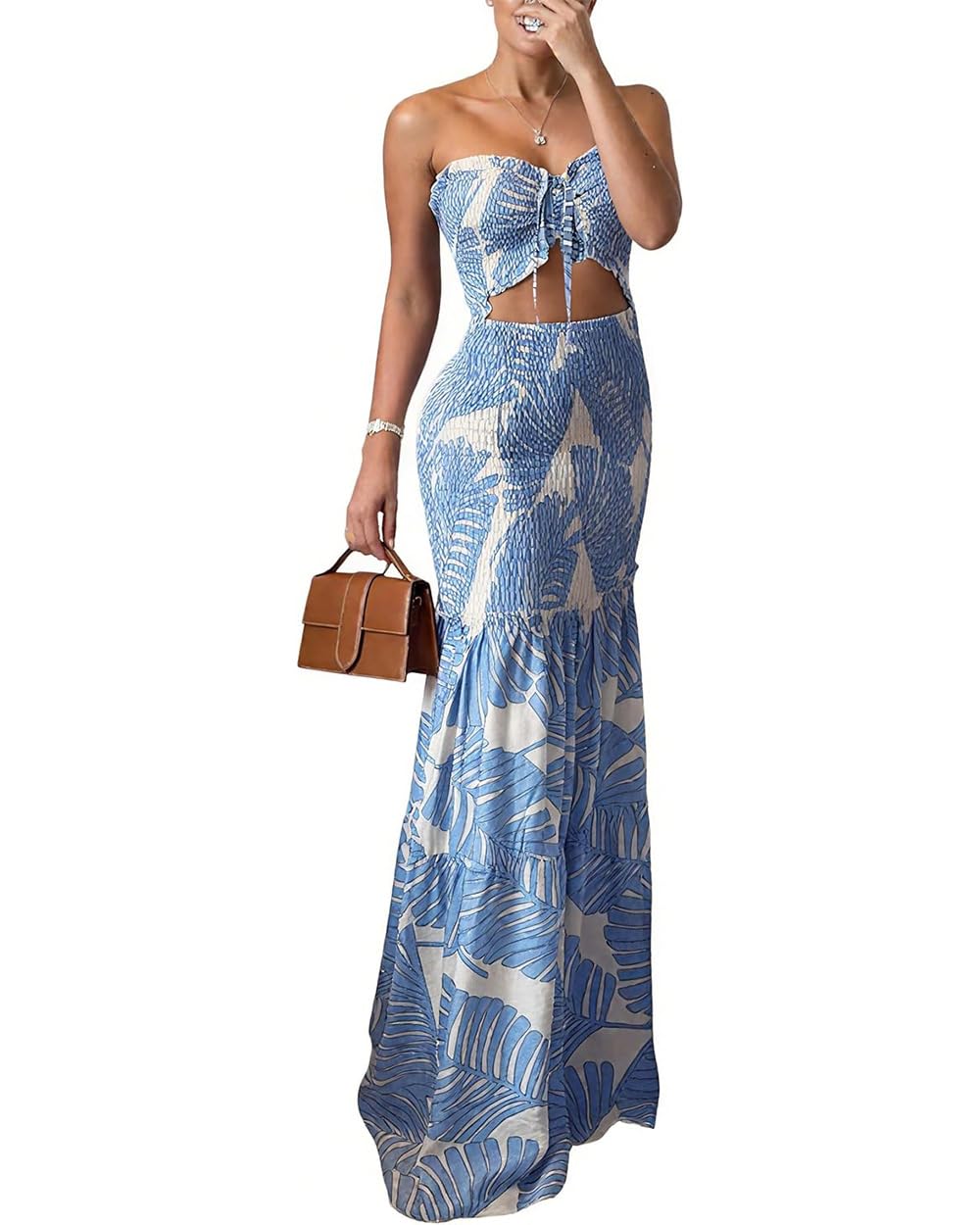 CHICME Floral Printed Vacation Dress Halter Tie Ruched Shirred Bandeau Party Dress Slim Ruffle Hem Wedding Guest Dress