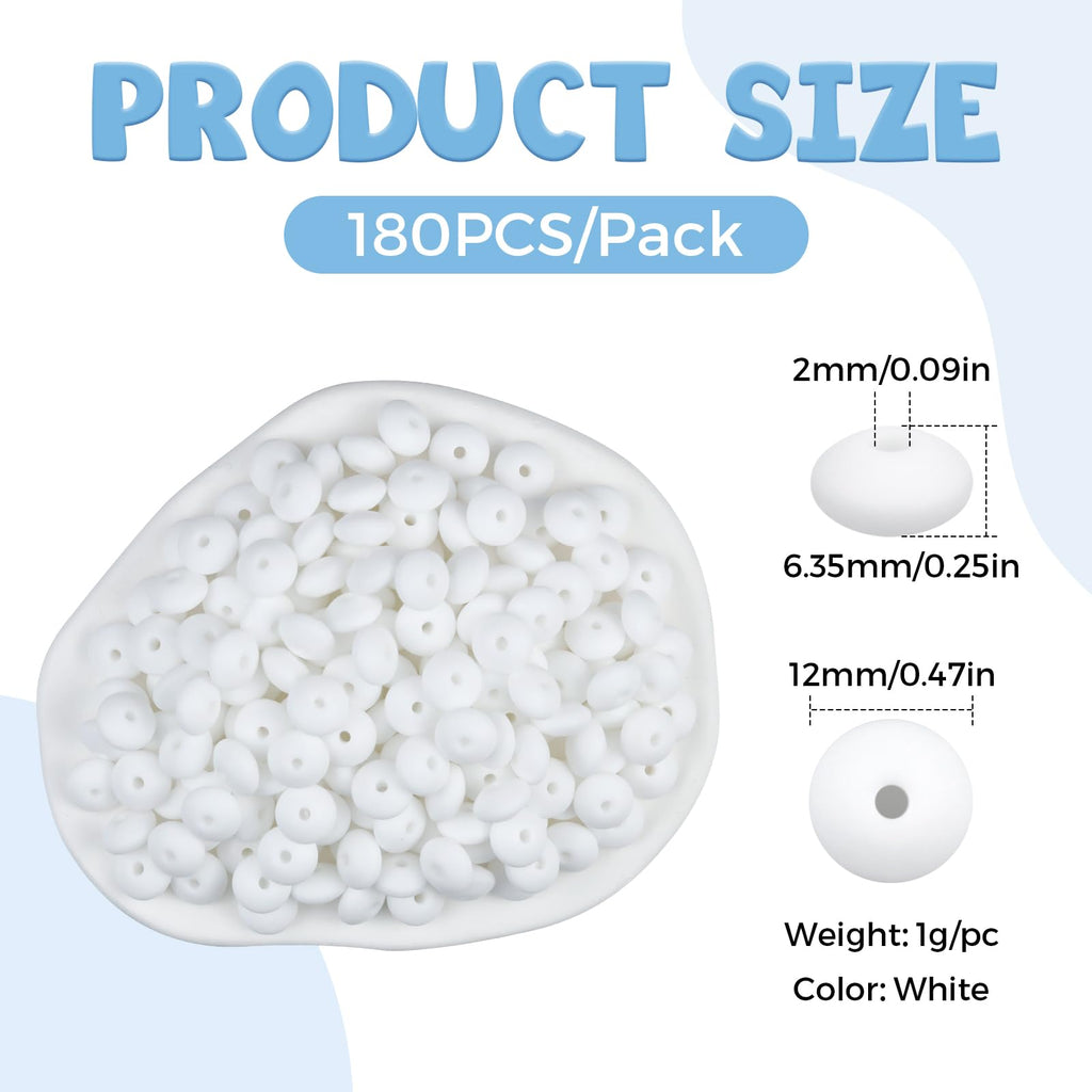 FIVEIZERO 180PCS Silicone Lentil Beads,12mm Spacer Beads | Flexible Silicone, 2mm Hole Design, Easy to Thread, Fade Resistant, Easy to Clean