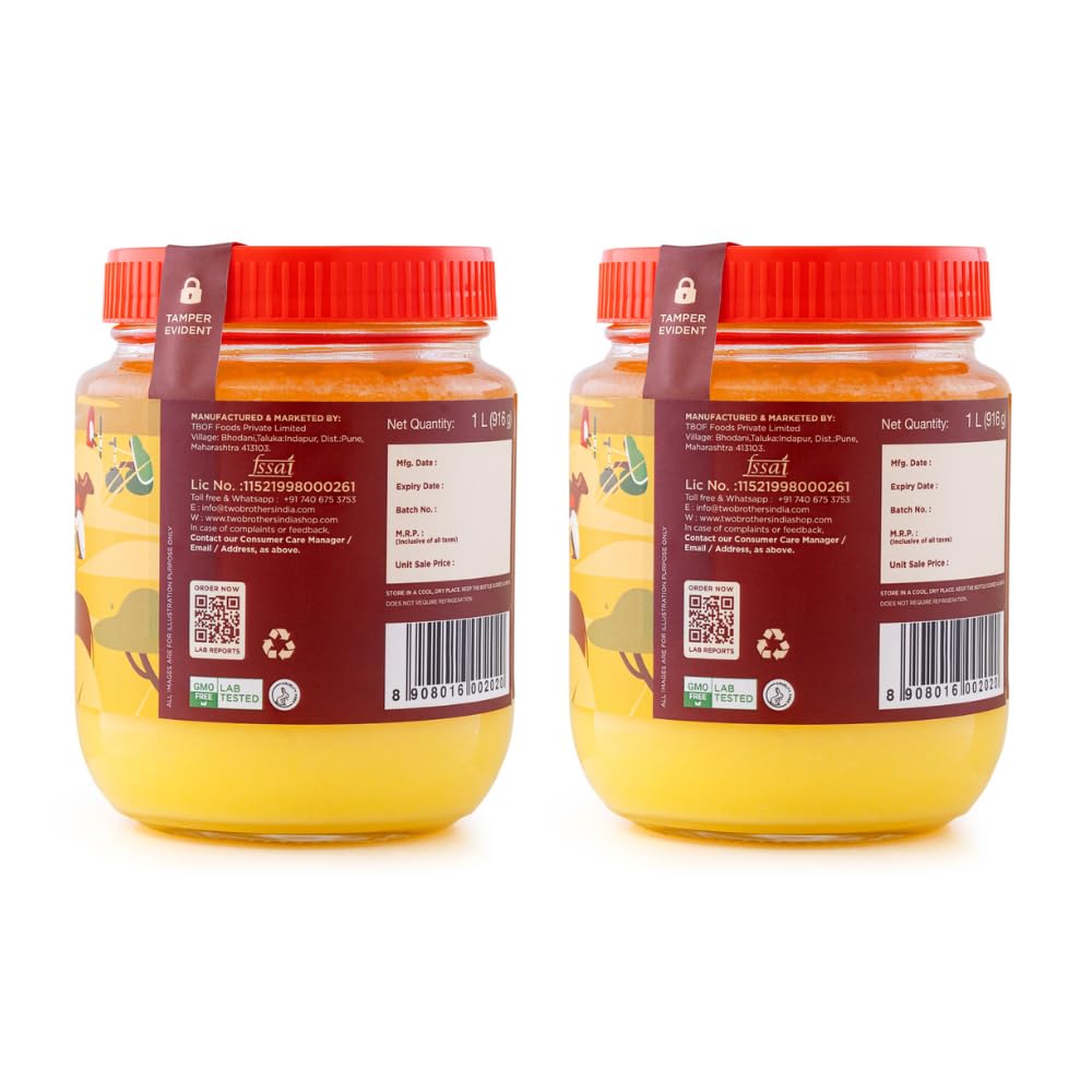 Grass Fed A2 Cultured Ghee | Gir Cow Ghee | Clarified Butter | Cultured Desi Ghee,Non-GMO, Lactose-Free, Keto Friendly - Two Brothers Organic Farms (16 fl oz (500 ml) Plastic)