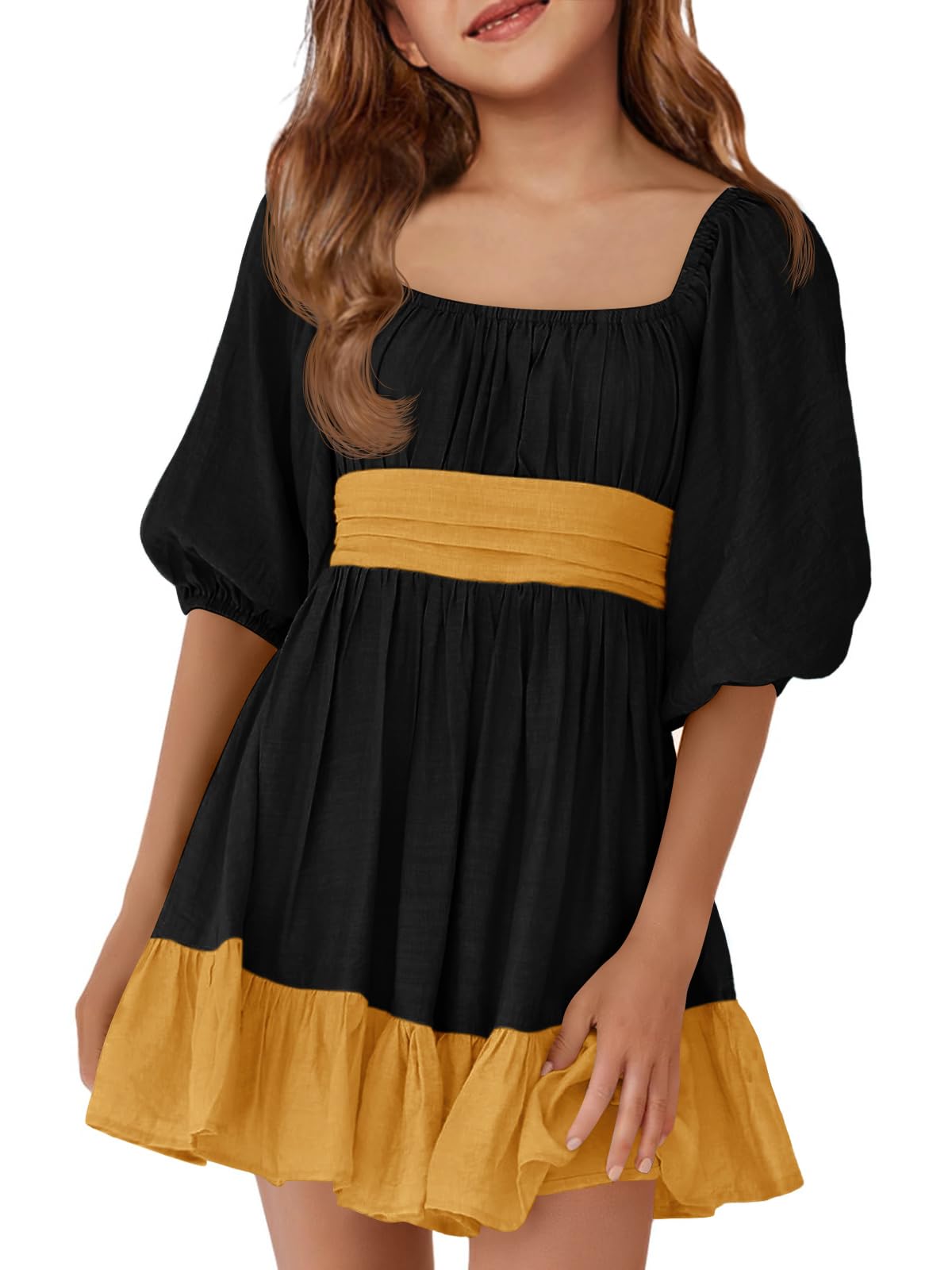 Girls Summer Dresses Square Neck Lantern Sleeve Tie Backless Ruffle A-Line Party Mini Dress