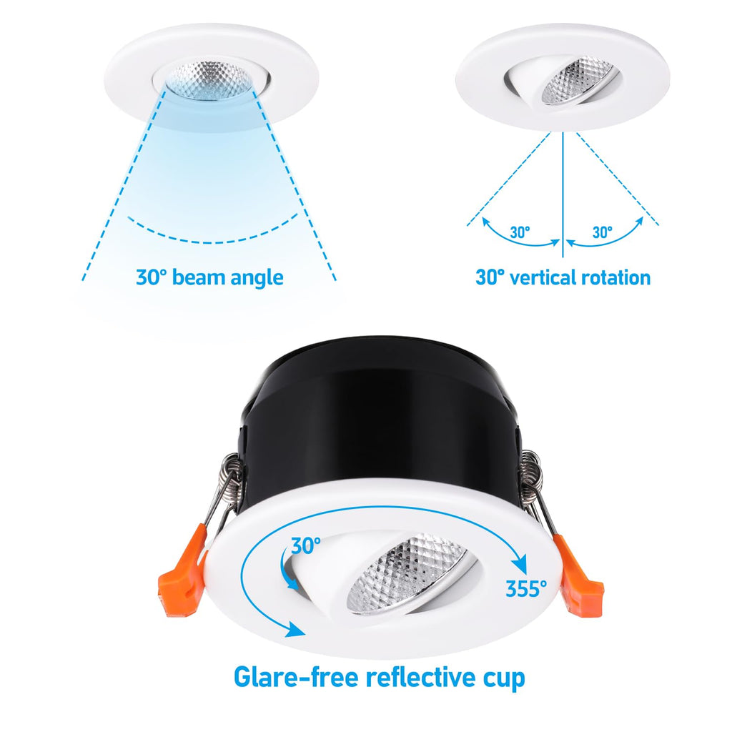 TORCHSTAR 12-Pack 5CCT 3 Inch Gimbal LED Recessed Light, 7W CRI90+ Dimmable Adjustable Eyeball Canless LED Downlight, 2700K/3000K/3500K/4000K/5000K Selectable, Airtight IC, ETL
