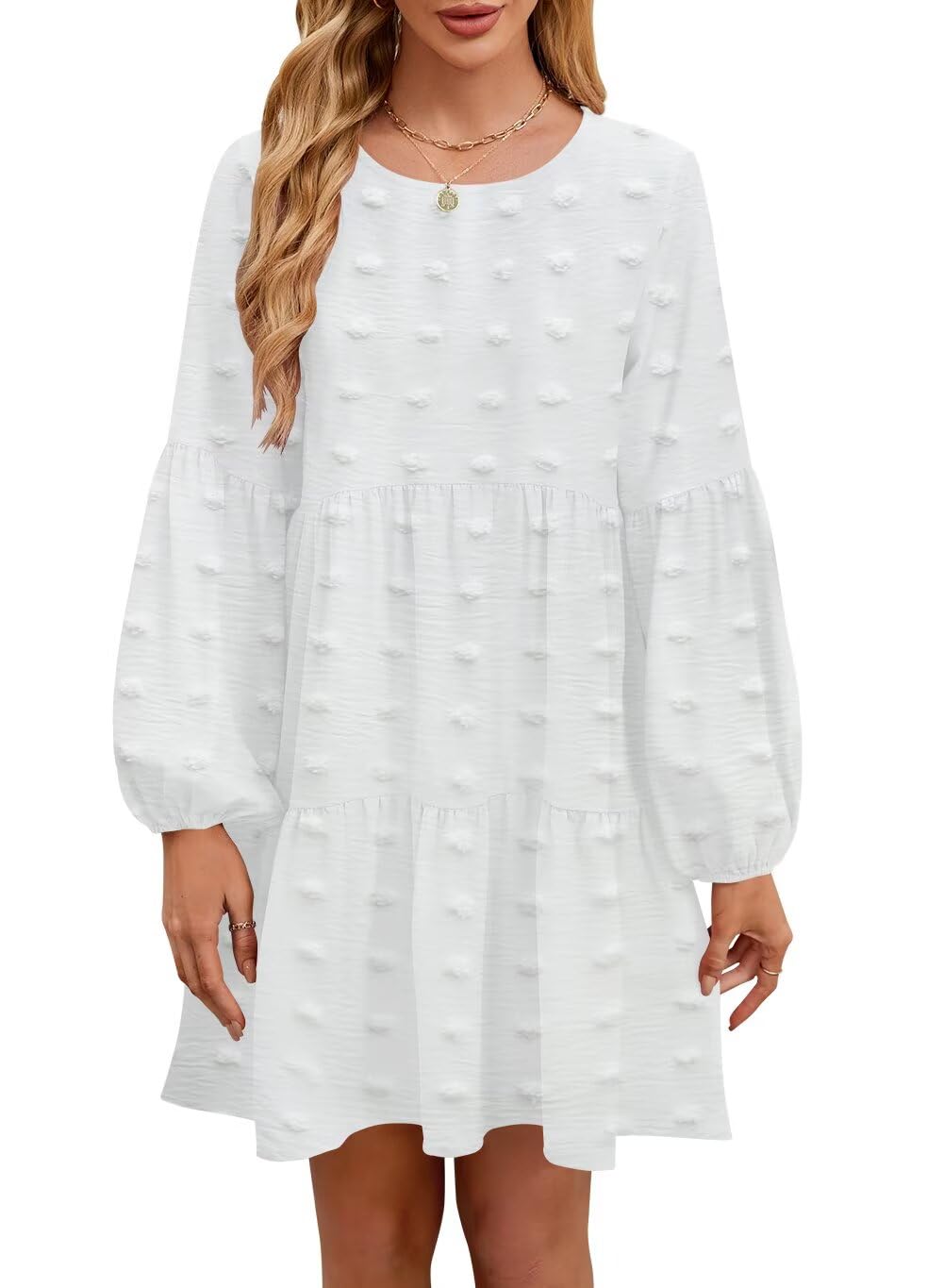 QACOHU Falll Dresses for Women 2026 Crew Neck Long Lantern Sleeve Casual Loose Flowy Swing Shift Dress