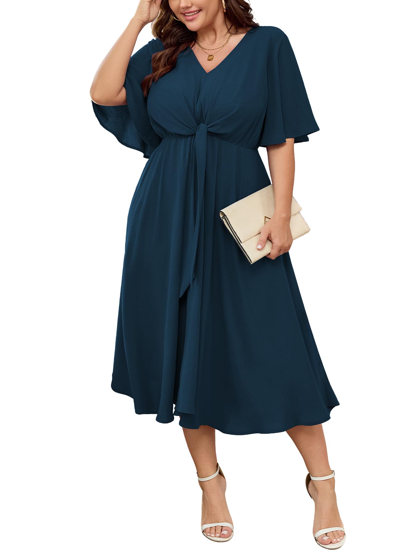SCOMCHIC Women Plus Size Midi Dresses Wedding Guest Short Sleeve V Neck Tie Waist Casual Summer Flowy A Line Dress