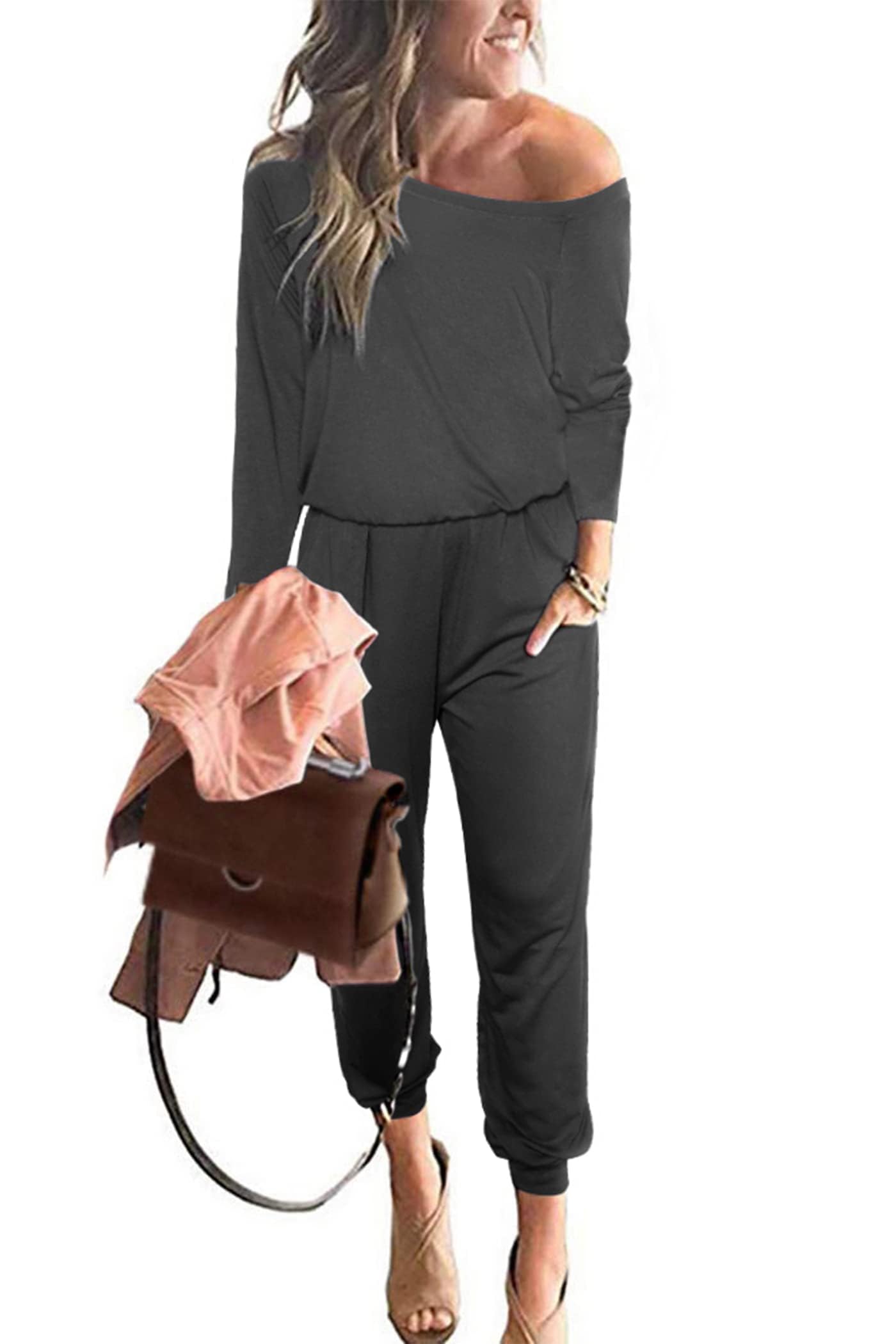 PRETTYGARDEN Jumpsuits for Women Casual 2026 Fall Long Sleeve Off Shoulder Rompers One Piece Travel Outfits Fashion Clothing
