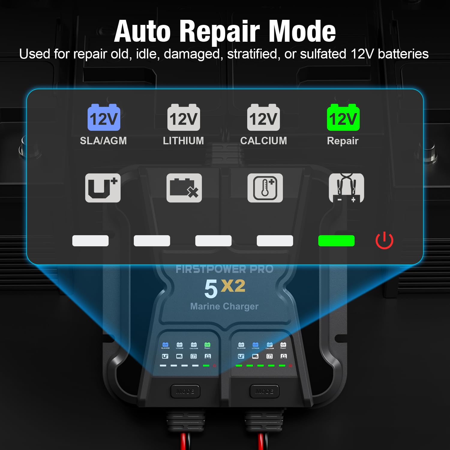 Marine Battery Charger 5X1: 1-Bank, 5A Onboard Battery Charger - 5A Per Bank, 12V Waterproof Boat Batter Charger for SLA/AGM, Lithium, Calcium - Charged 24/7