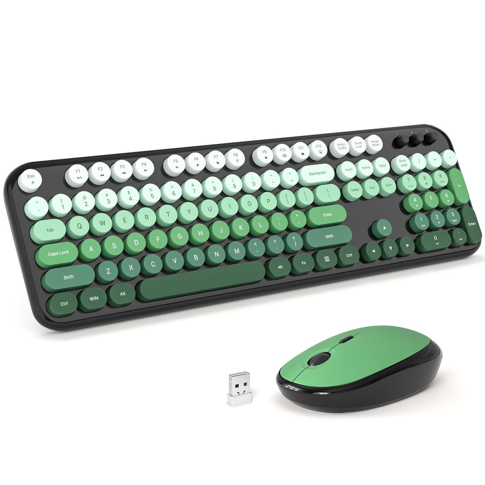 MOFII Wireless Keyboard and Mouse Combo, Compact Typewriter Retro Round Computer Keyboard and Mouse Set, Plug and Play, for Windows, Computer, Desktop, PC, Notebook - Black Green Gradient