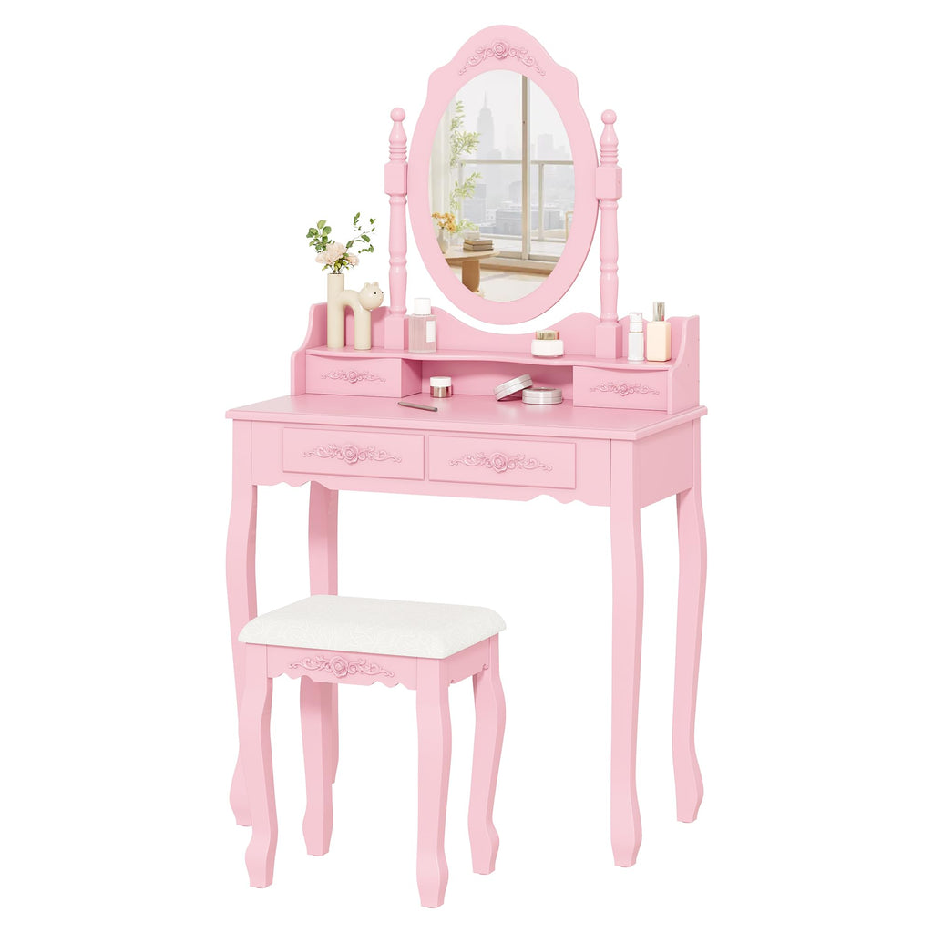 Alohappy Vanity Desk Set with Mirror & Stool for Girls, Makeup Vanity Table and Cushioned Stool Set with 4 Drawers, Wood Dressing Table for Bedroom (Pink)