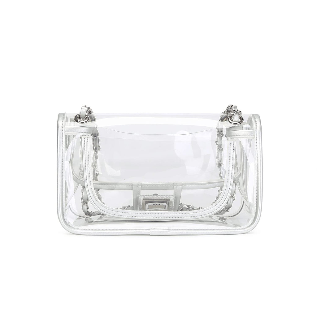 Womens PVC Clear Purse Handbag with Chain Stadium Approved Clear Bag See Through Bag for Working and Concert
