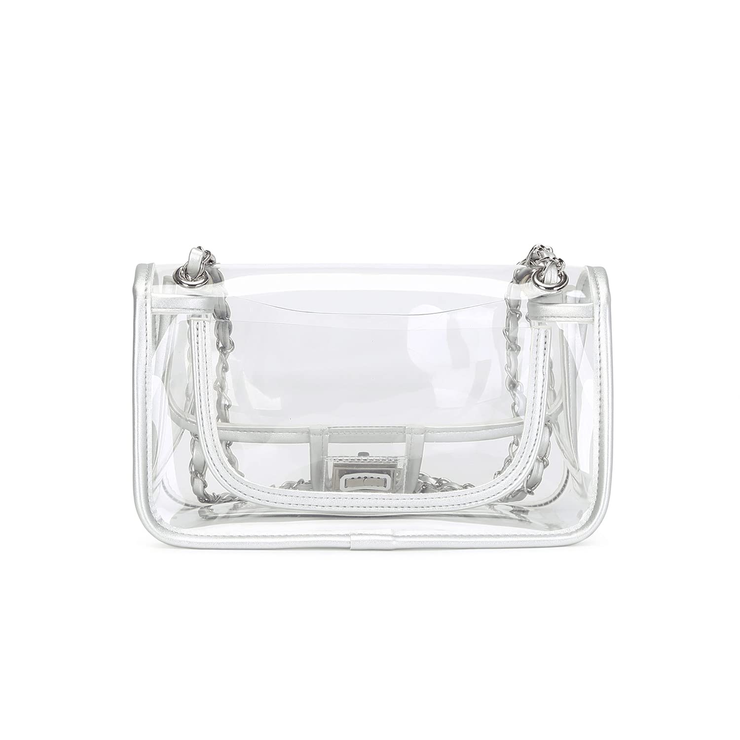 Womens PVC Clear Purse Handbag with Chain Stadium Approved Clear Bag See Through Bag for Working and Concert