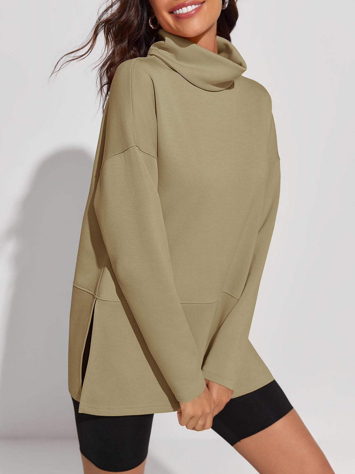 Fisoew Women's Turtleneck Oversized Sweatshirt Casual Long Sleeve Loose Side Slit Pullovers Tunic Tops