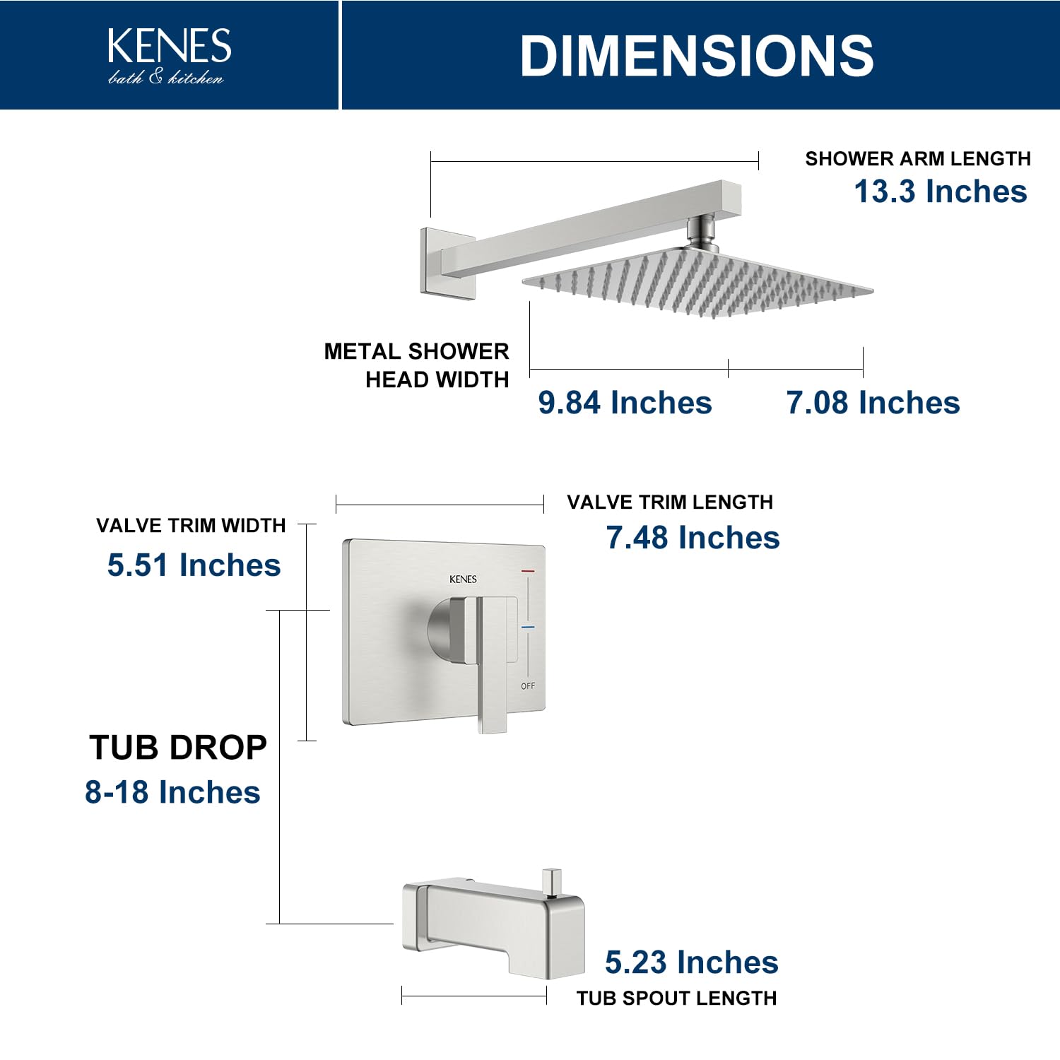 KENES Brushed Nickel 10-Inch Shower Head and Handle Set, Square Shower Faucet Set Bathroom Rainfall Shower System Wall Mount, KE-6024B (Shower Valve Included)