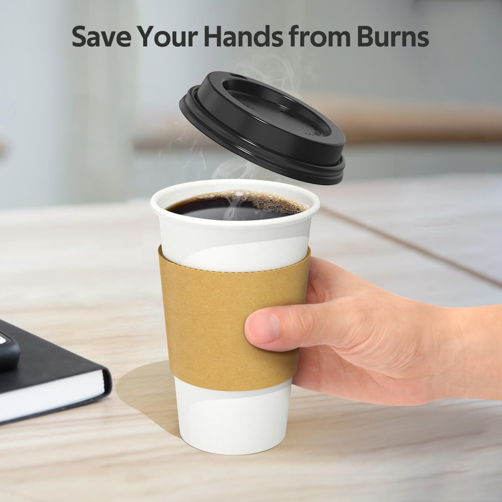 Dealusy 100 Pack 12 oz Disposable Coffee Cups with Lids and Sleeves, Sturdy Thick Paper & Leak-free Insulated to Go Paper Hot Coffee Cups with Sip Lids for Hot & Cold Beverage