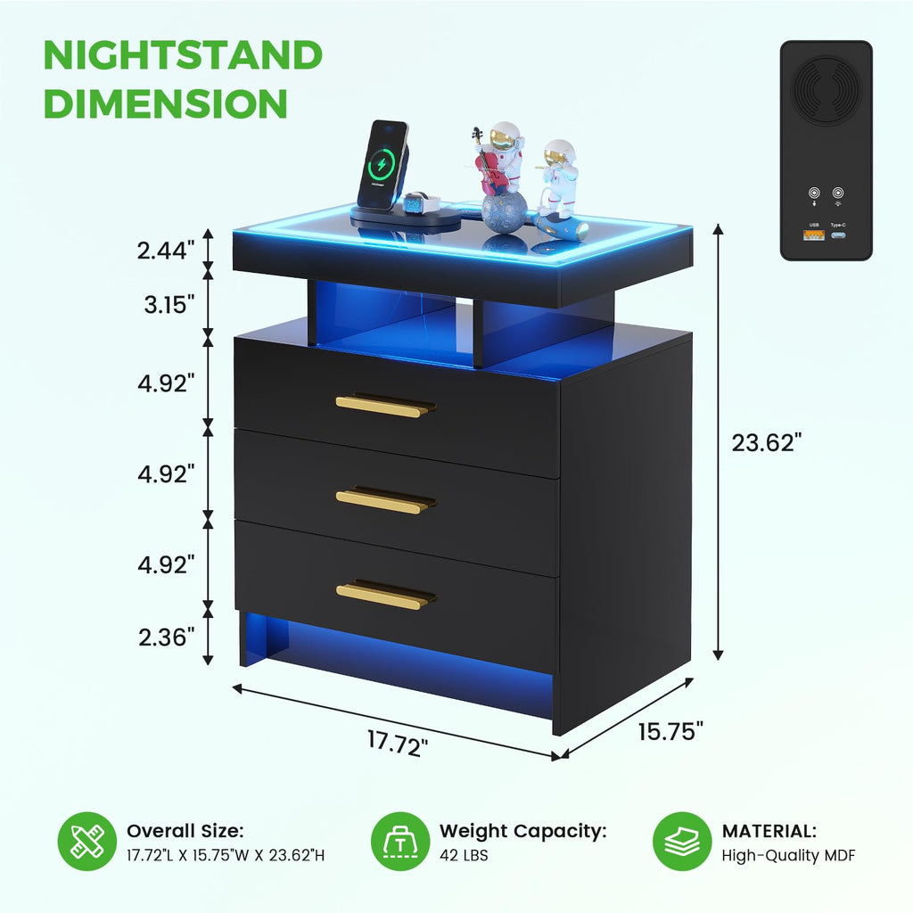 HNEBC LED Nightstand with Charging Station,Smart Bedside Table with Motion Sensor Lights,3 Drawers,Tempered Glass Top,High Gloss End Table with 3 Color Lights for Bedroom, Living Room,Office-Black