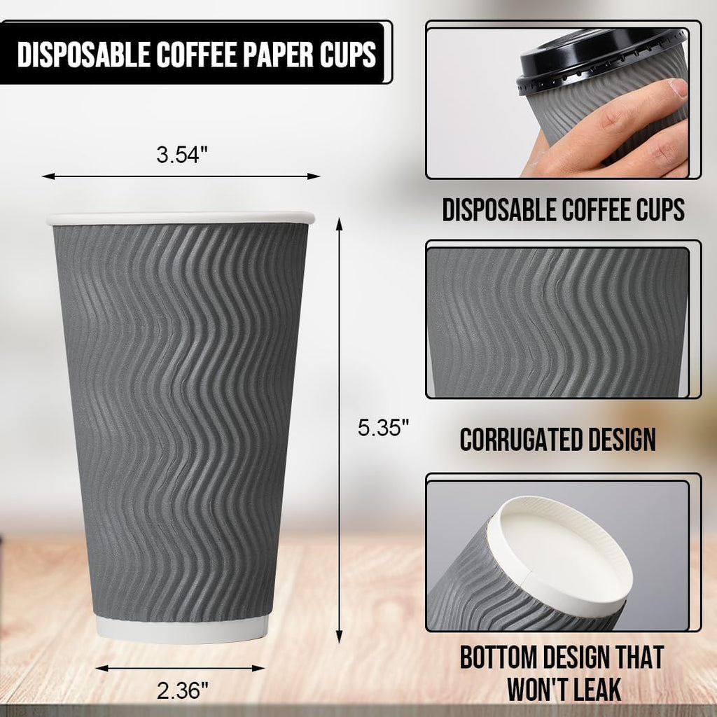 BYSNOW 100 Pack 10 oz Coffee Cups with Lids, Disposable Insulated Hot Cups To Go Paper Coffee Cups, Corrugated Ripple Wall Cup for Hot Drink, Office, Coffee Bar (Grey 10 oz)
