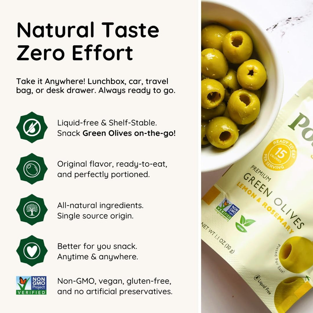 POSHI Green Pitted Olives - Basil & Garlic | Vegan, Kosher, Gluten Free + Keto Friendly, Fresh, Low Calorie Healthy Snacks | (30 Pack, 1.1oz Bags)