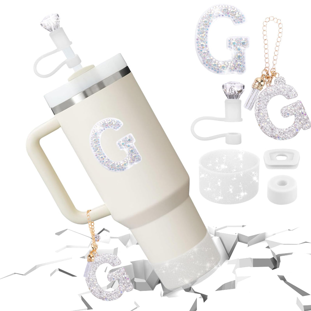 Mity rain Accessories Set for Stanley Cup, Initials Decorations for Tumbler Cup 30/40OZ, Including Diamond Straw Topper/Spill Proof Stopper/Sparkly Silicone Boot Set/Letter Charms for Handle A-Z (A-)
