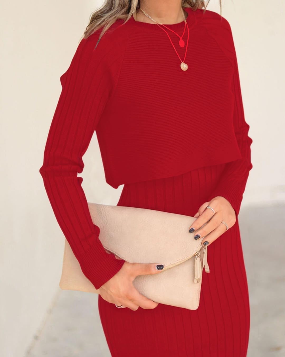 Ezbelle Women's Long Sleeve Sweater Dresses 2 Piece Outfits Sets Ribbed Knit Crop Tops and Tank Bodycon Midi Dress