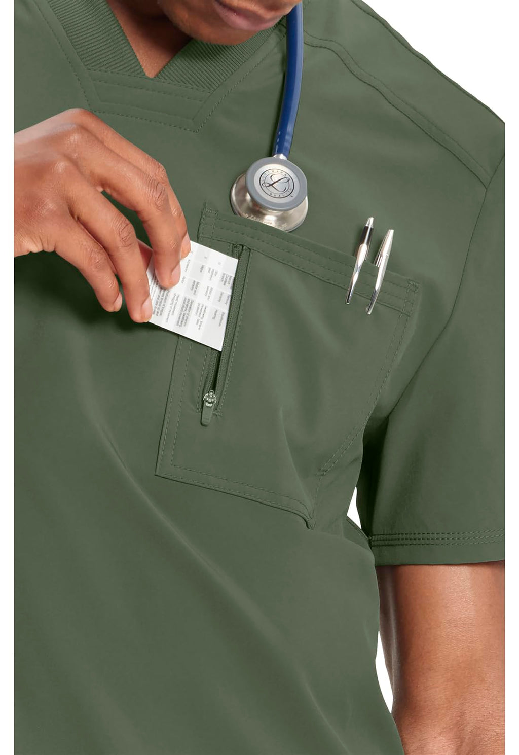 Cherokee Infinity Mens Tuckable V-Neck Scrub Top Modern Fit, 2 Pockets, Zip Chest Pocket, Rib-Knit, 360° Stretch – CK910A