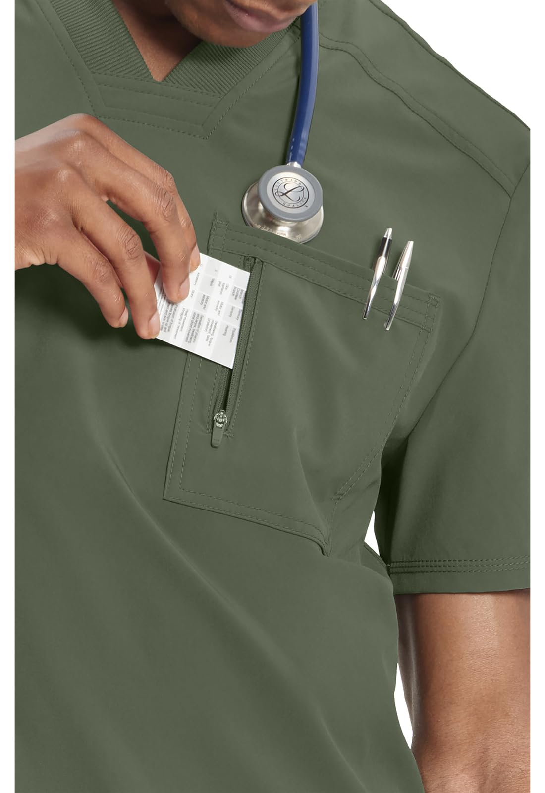 Cherokee Infinity Mens Tuckable V-Neck Scrub Top Modern Fit, 2 Pockets, Zip Chest Pocket, Rib-Knit, 360° Stretch – CK910A